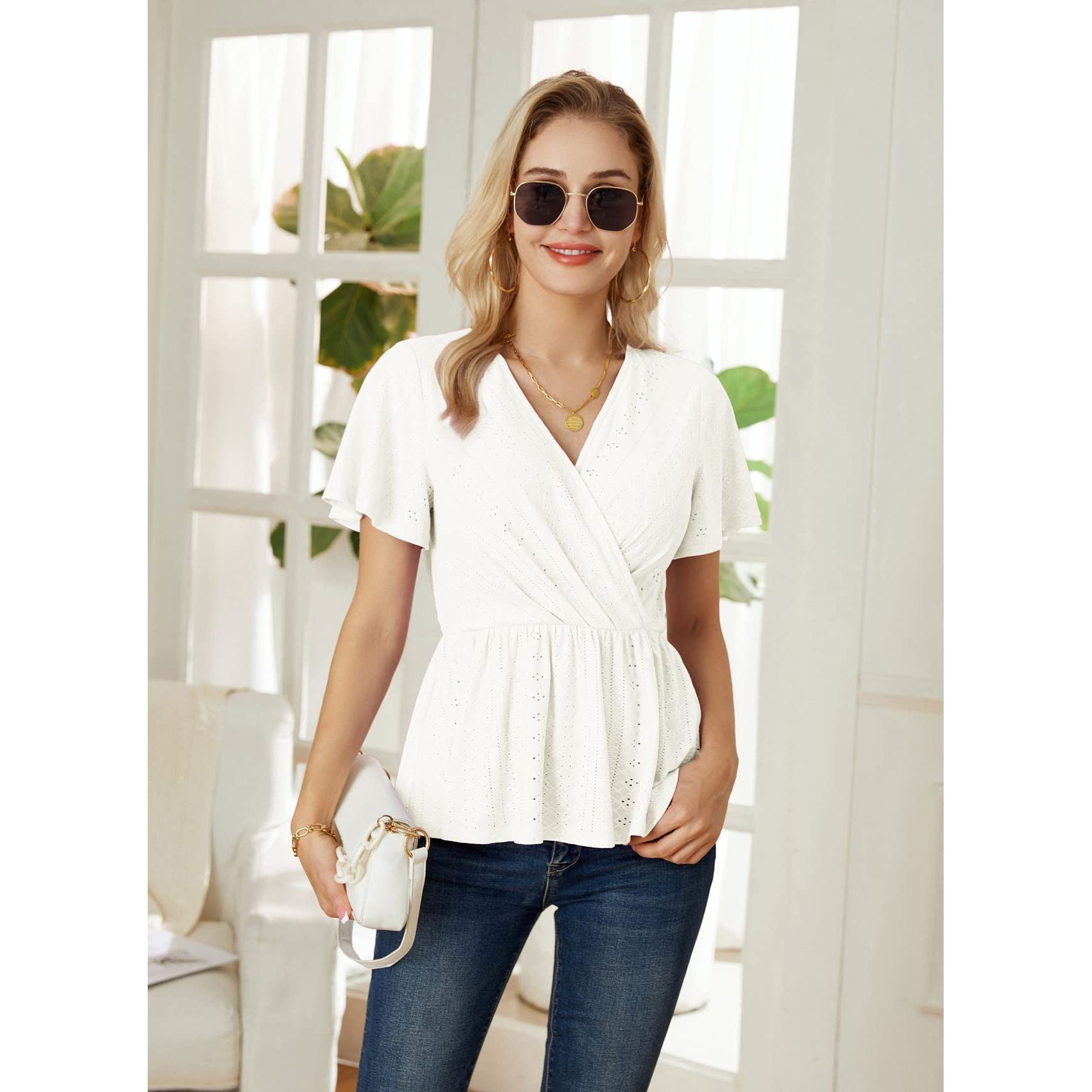 GRACE KARIN Womens Wrap Tops V Neck Eyelet Top Ruffle Sleeve Peplum Blouse 2023 Summer Casual T Shirts