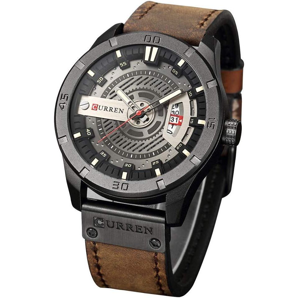 Quartz Watch For Men, Waterproof Analog Watches, Business Leather Strap Men's Wristwatch with Date 8301(Black-Coffee)