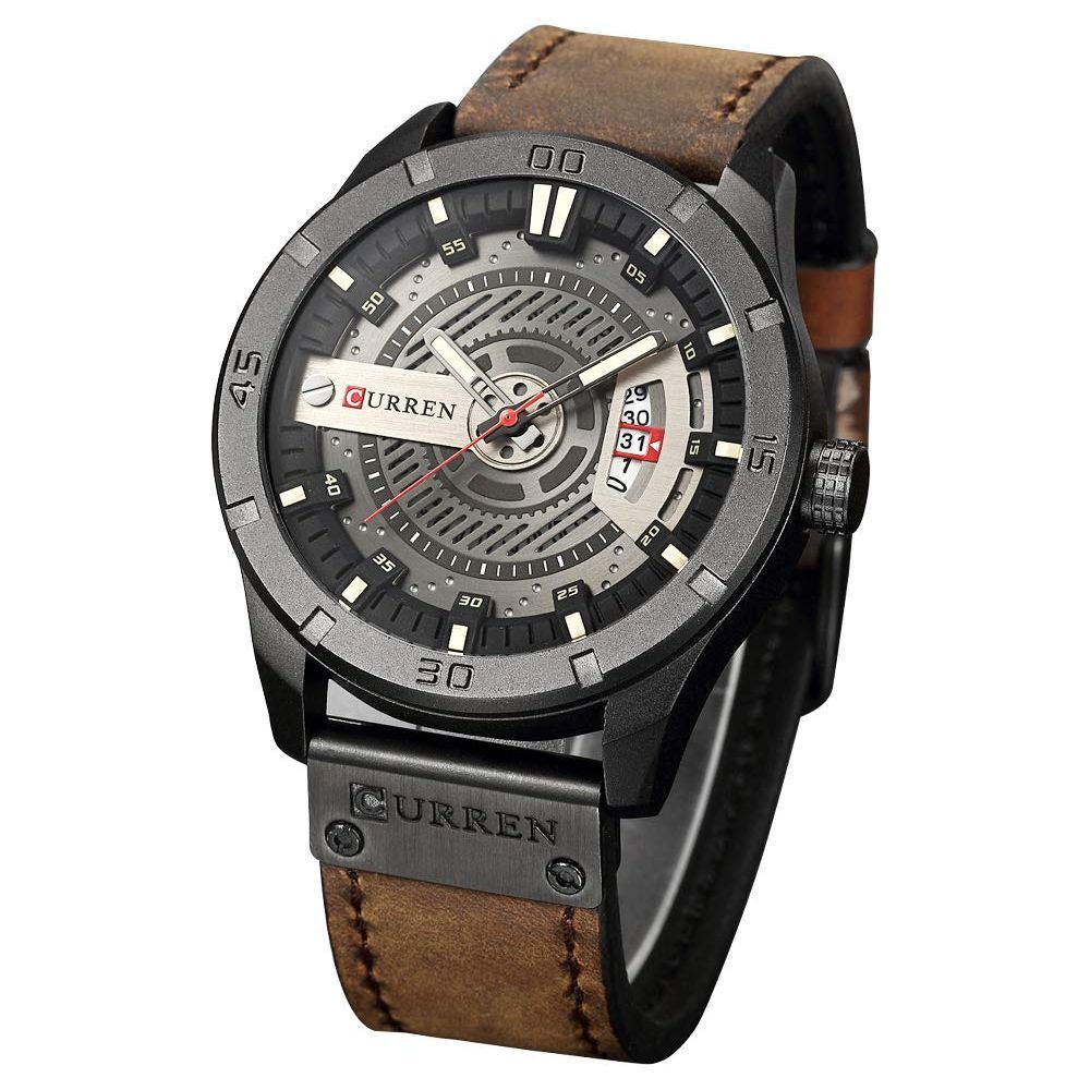 Quartz Watch For Men, Waterproof Analog Watches, Business Leather Strap Men's Wristwatch with Date 8301(Black-Coffee)