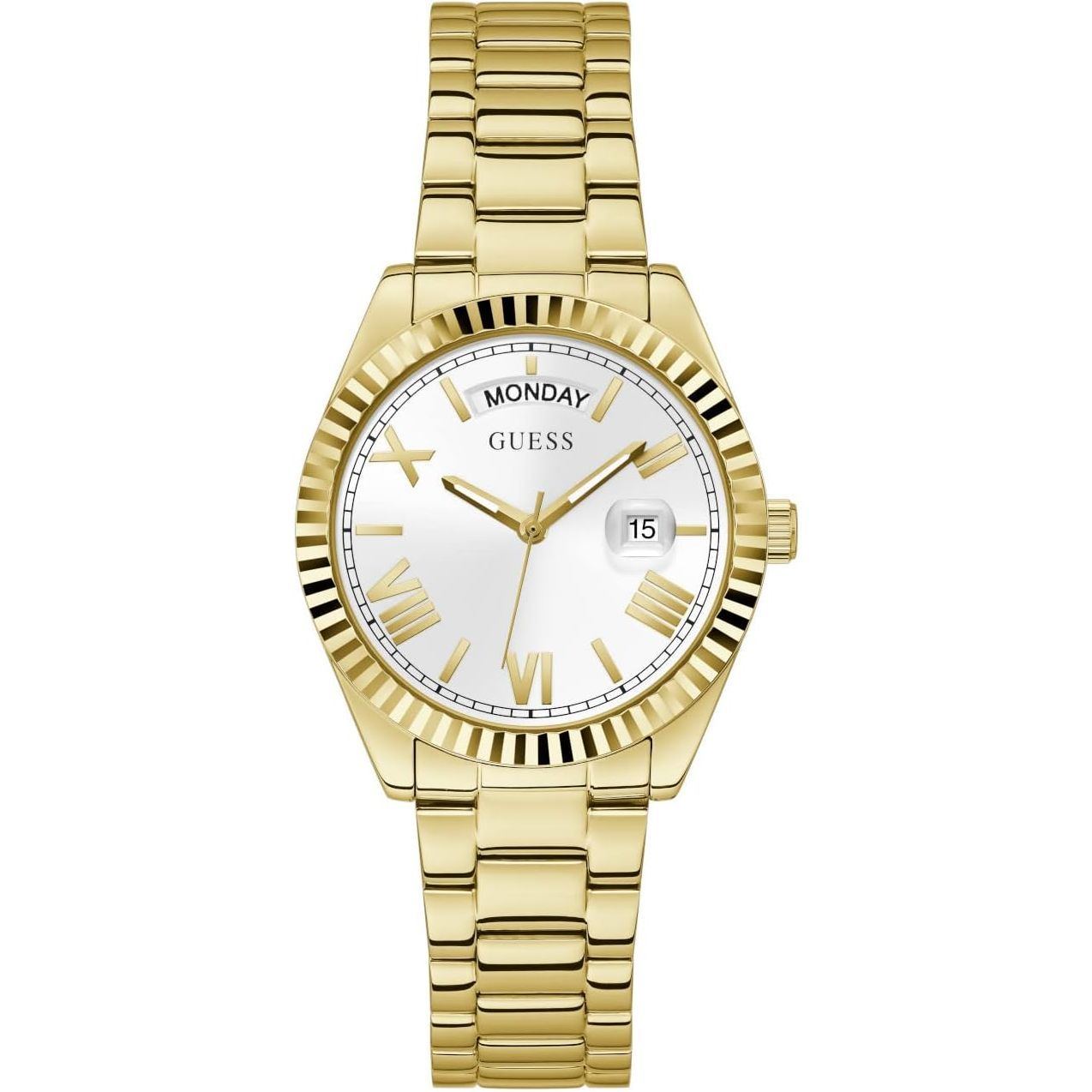 GUESS 36mm Stainless Steel Day-Date Watch with Coin Edge Bezel