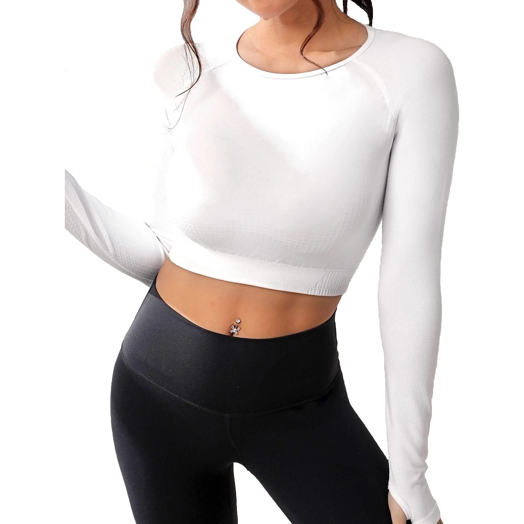 Seamless Yoga Crop Top Long Sleeves Workout Fitness Gym Athletic Shirt Sportswear for Women