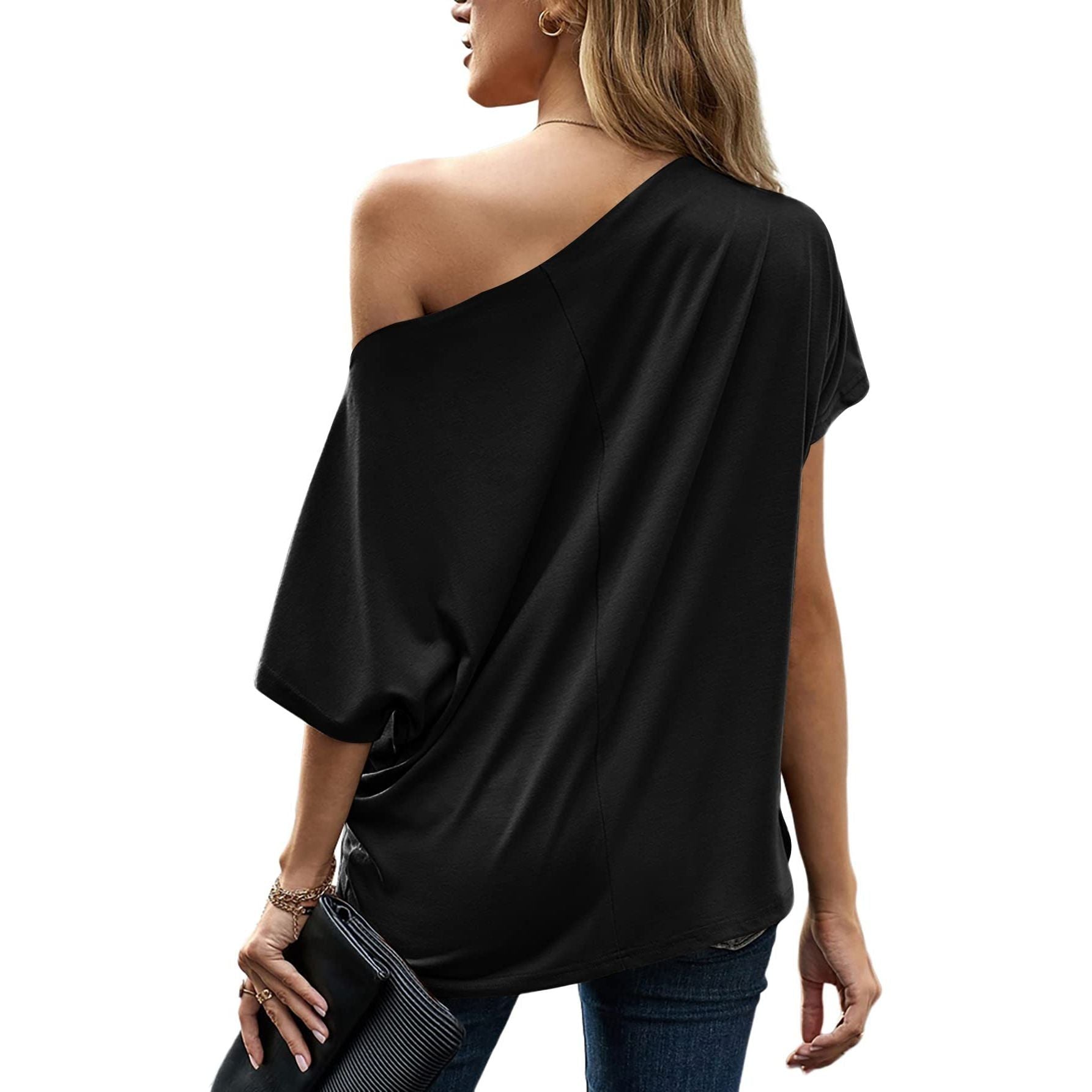 LYANER Women's Off Shoulder Twist Knot Batwing Sleeve Loose Tunic T Shirt Blouse Top