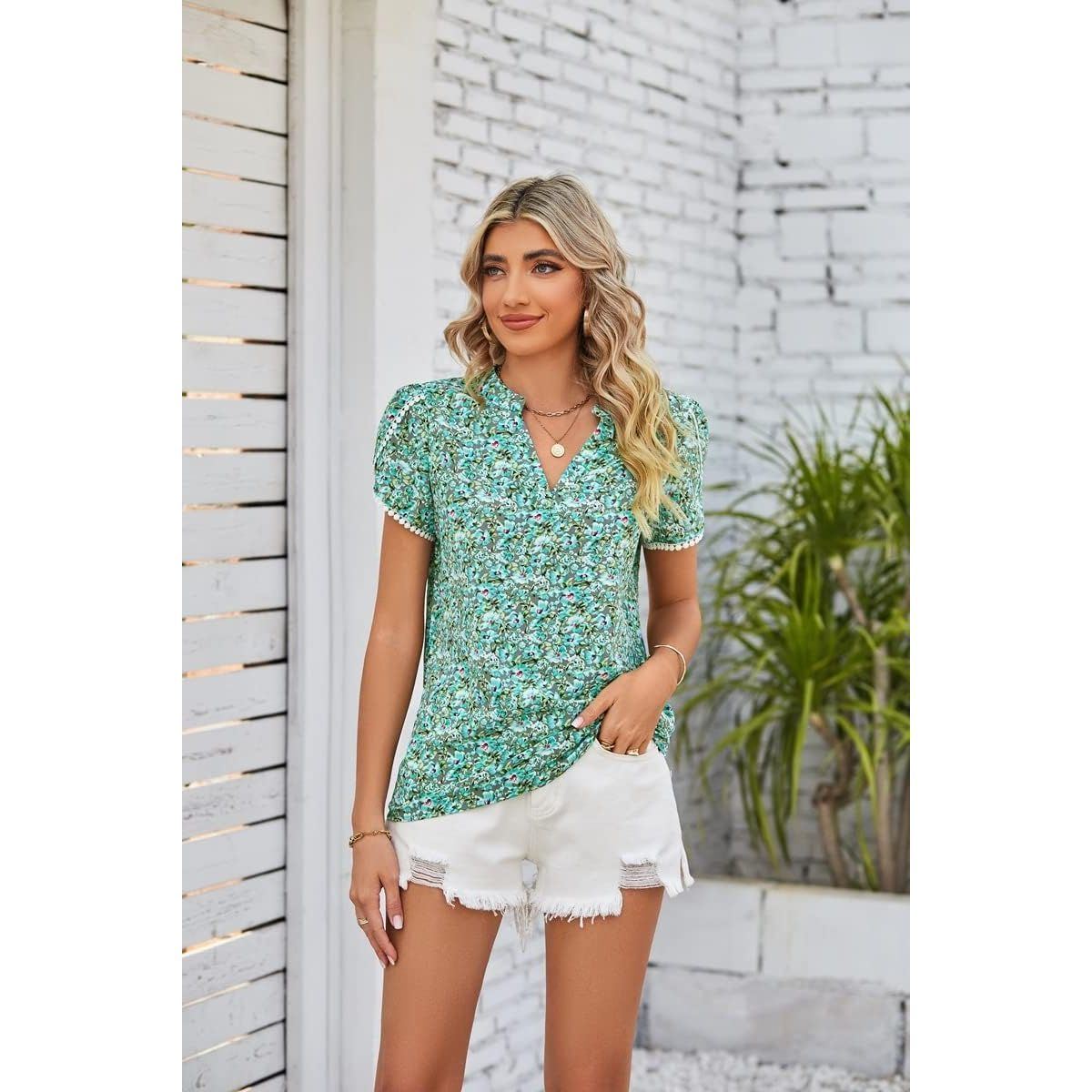 Women's Summer Casual Short Sleeve T-Shirts V Neck Ruffle Boho Tops Floral Ruffled Top Loose Blouses