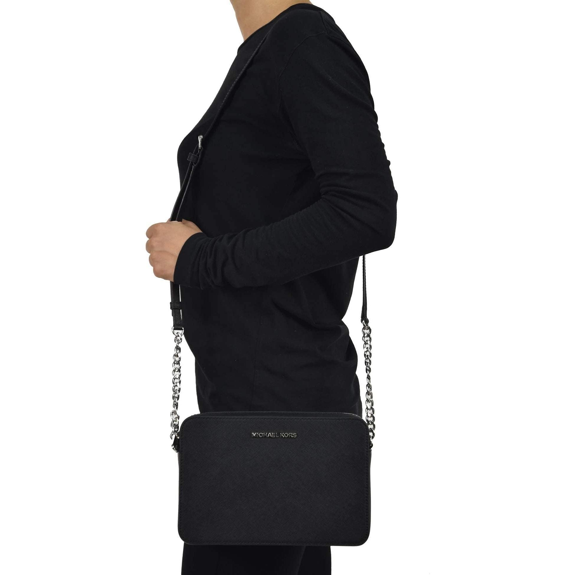 Michael Kors Jet Set Item Large East West Saffiano Leather Cross-body, Black/Silver, Large