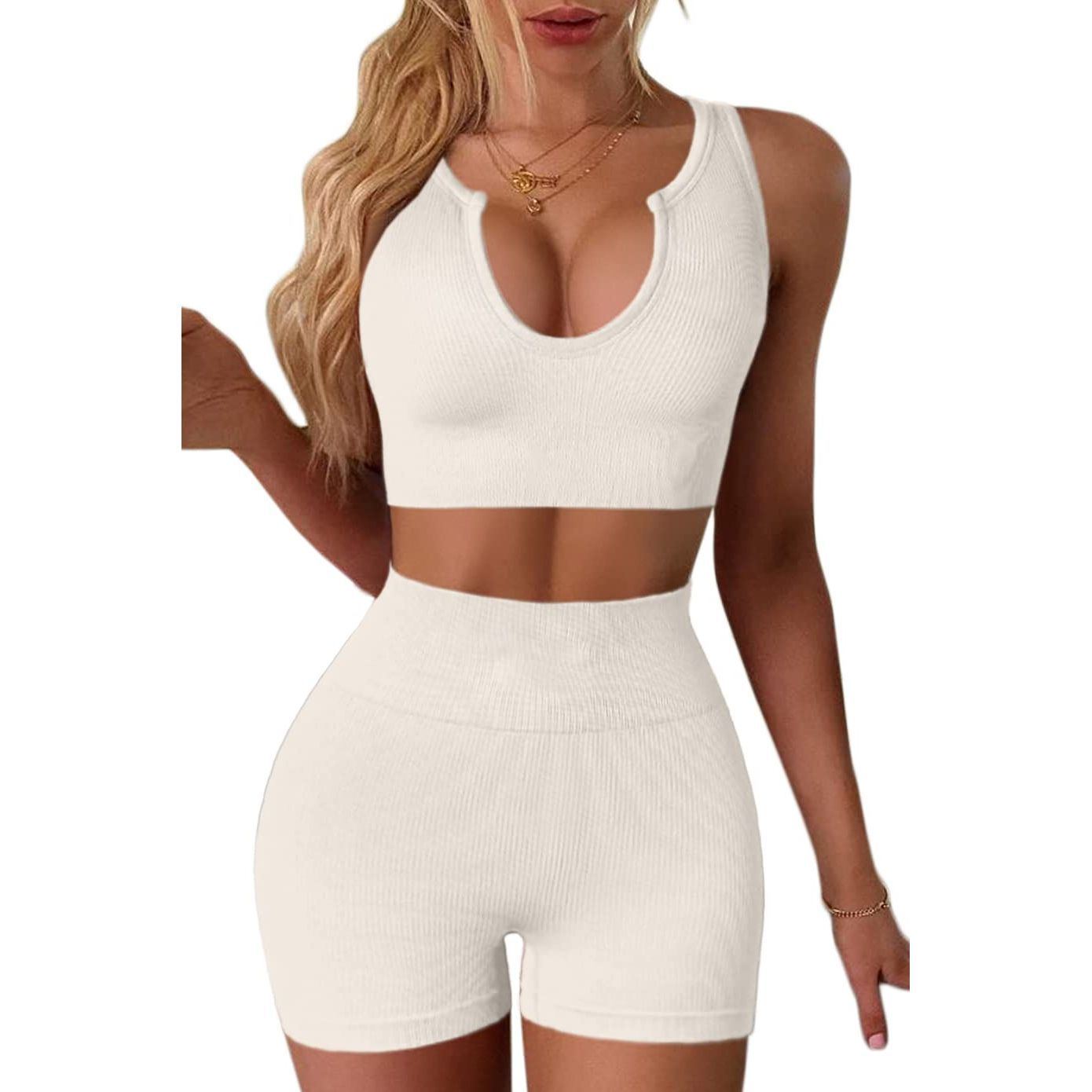 FAFOFA Seamless Workout Sets for Women Ribbed Sport Bra High Waist Running Shorts Gym 2 Piece Yoga Sets