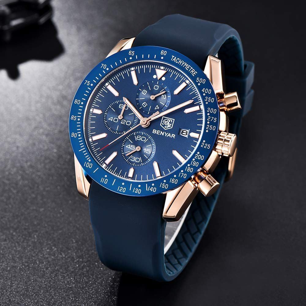 BY BENYAR Watches for Men Silicone/Stainless Steel/Brown Leather Strap 30M Waterproof Quartz Chronograph Men Watches Business Casual Wrist Watch Gifts for Men
