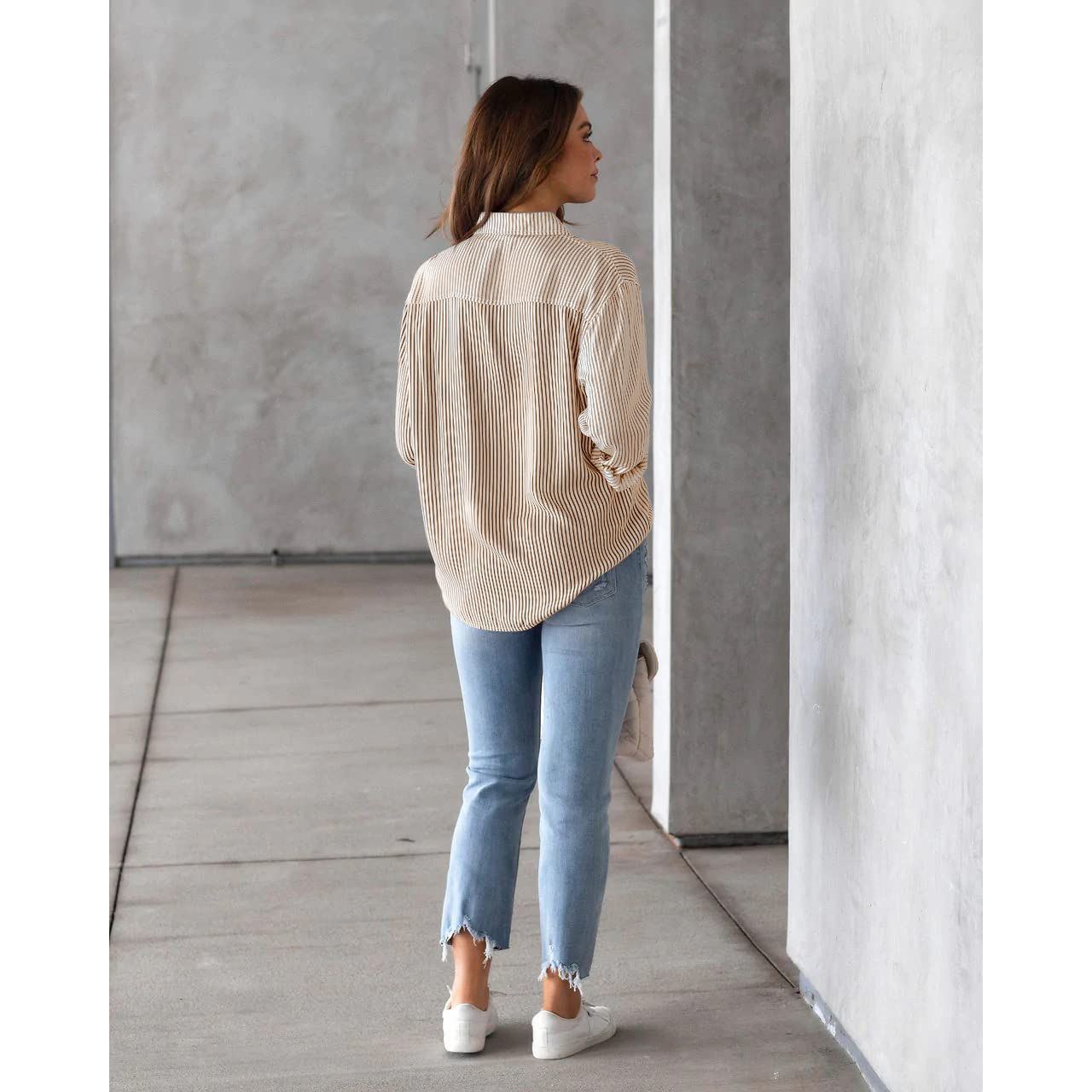 hathne Women's Button Down Shirts Long Sleeve Classic Striped Blouses Casual Tops Office Work Blouses