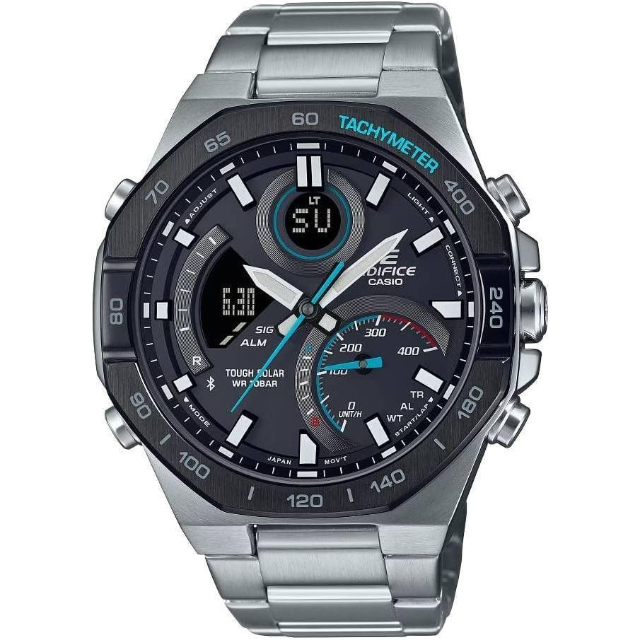 Casio Men Watch Edifice Smartphone Link Solar Powered Analog Digital Black Dial Stainless Steel Band ECB-950DB-1ADF, Silver, bracelet