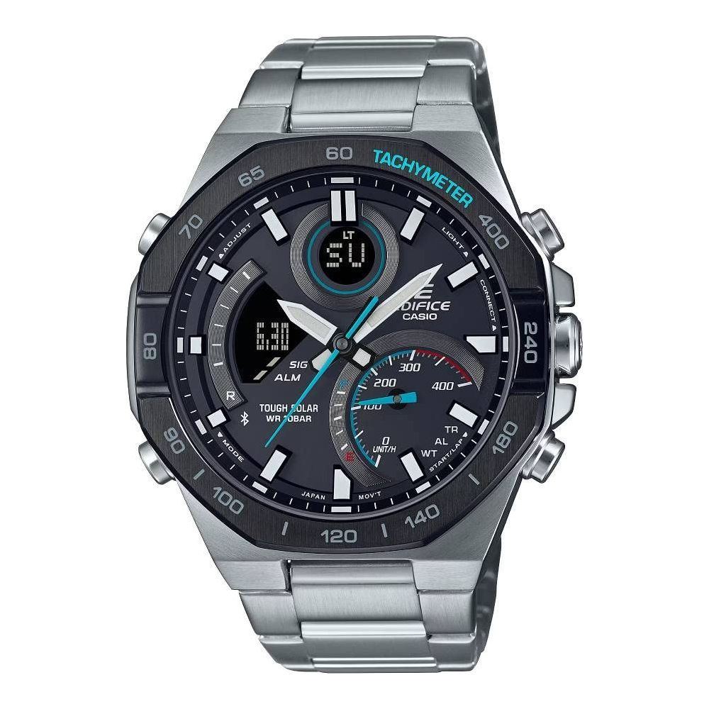 Casio Men Watch Edifice Smartphone Link Solar Powered Analog Digital Black Dial Stainless Steel Band ECB-950DB-1ADF, Silver, bracelet