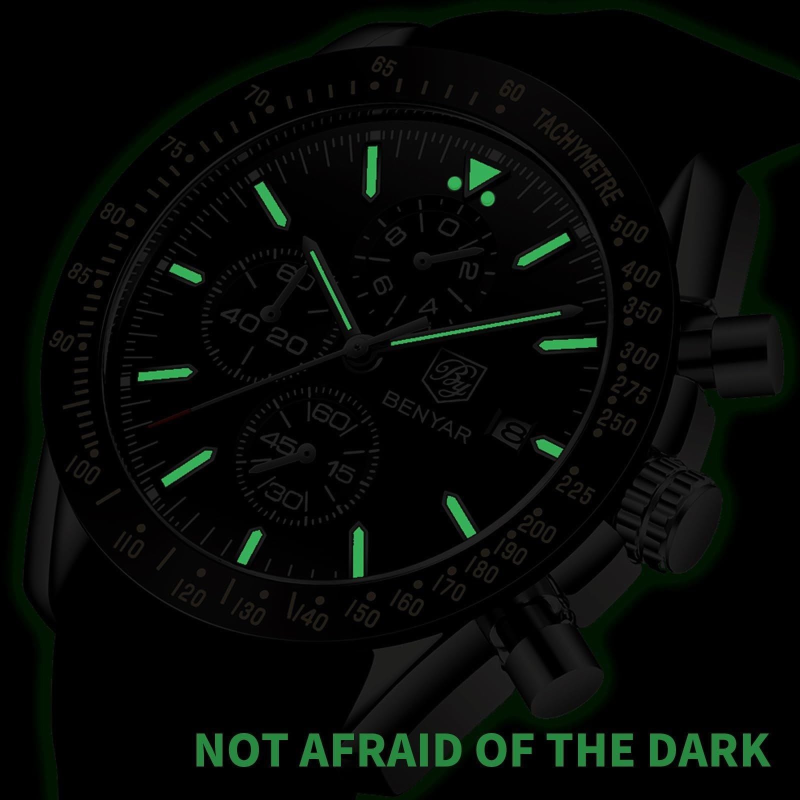 BY BENYAR Watches for Men Silicone/Stainless Steel/Brown Leather Strap 30M Waterproof Quartz Chronograph Men Watches Business Casual Wrist Watch Gifts for Men