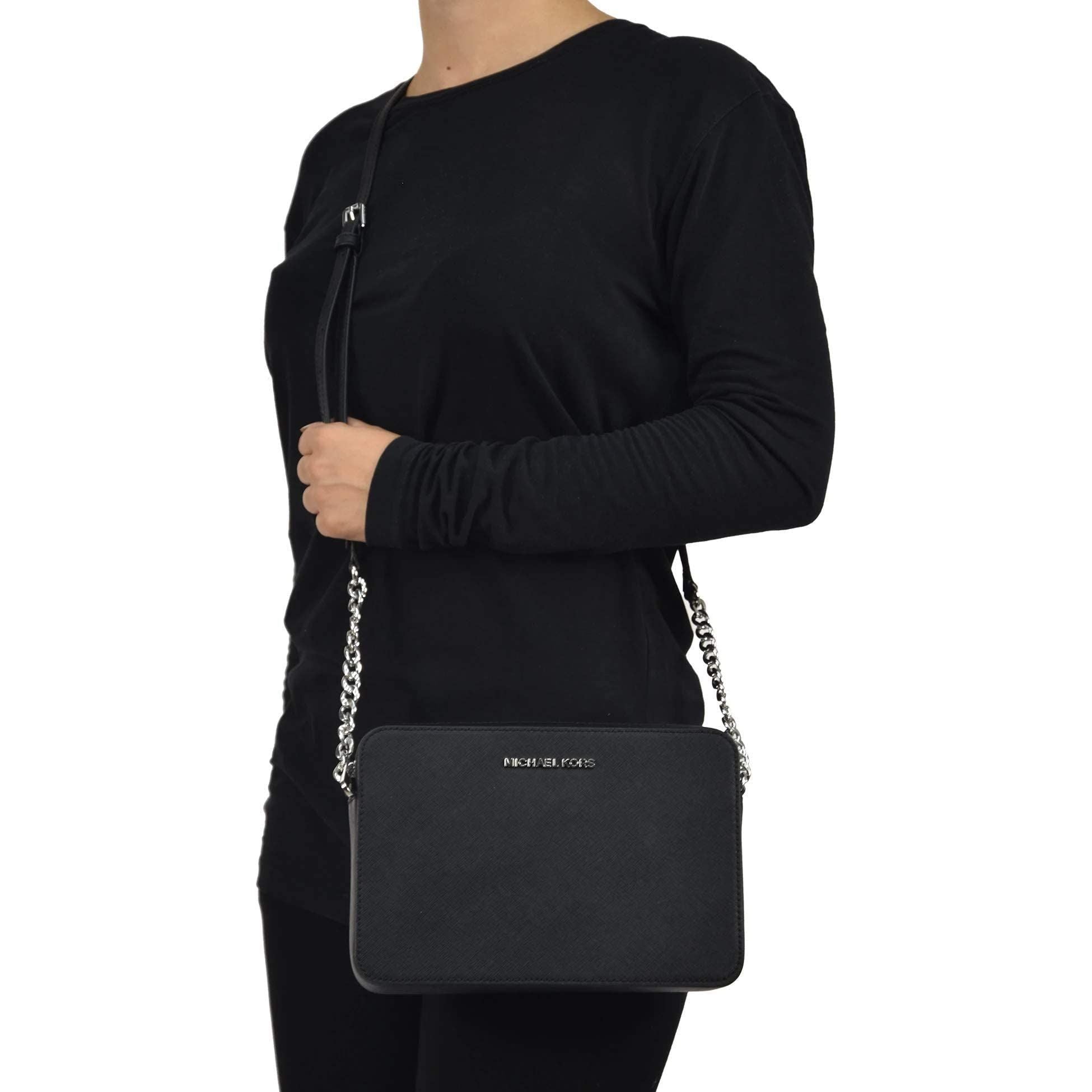 Michael Kors Jet Set Item Large East West Saffiano Leather Cross-body, Black/Silver, Large