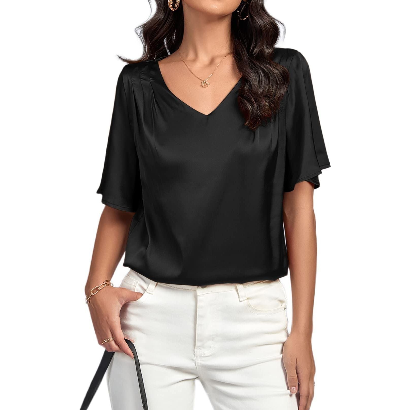 Rooscier Women's Satin V Neck Ruched Short Sleeve Loose Elegant Office Blouse Top