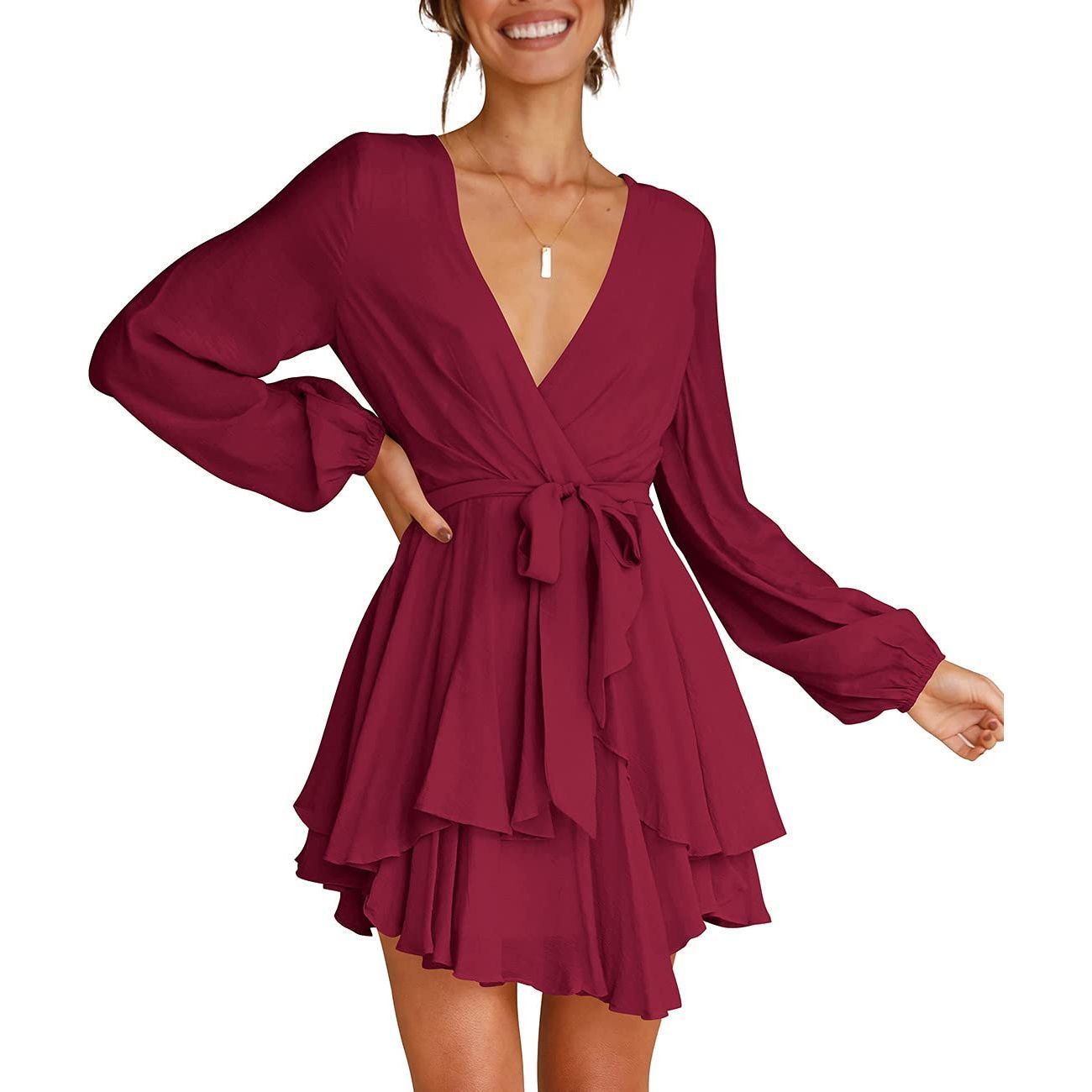 Cosonsen Women's Dress Deep V-Neck Long Sleeve Waist Tie Ruffle Mini Swing Skater Dresses