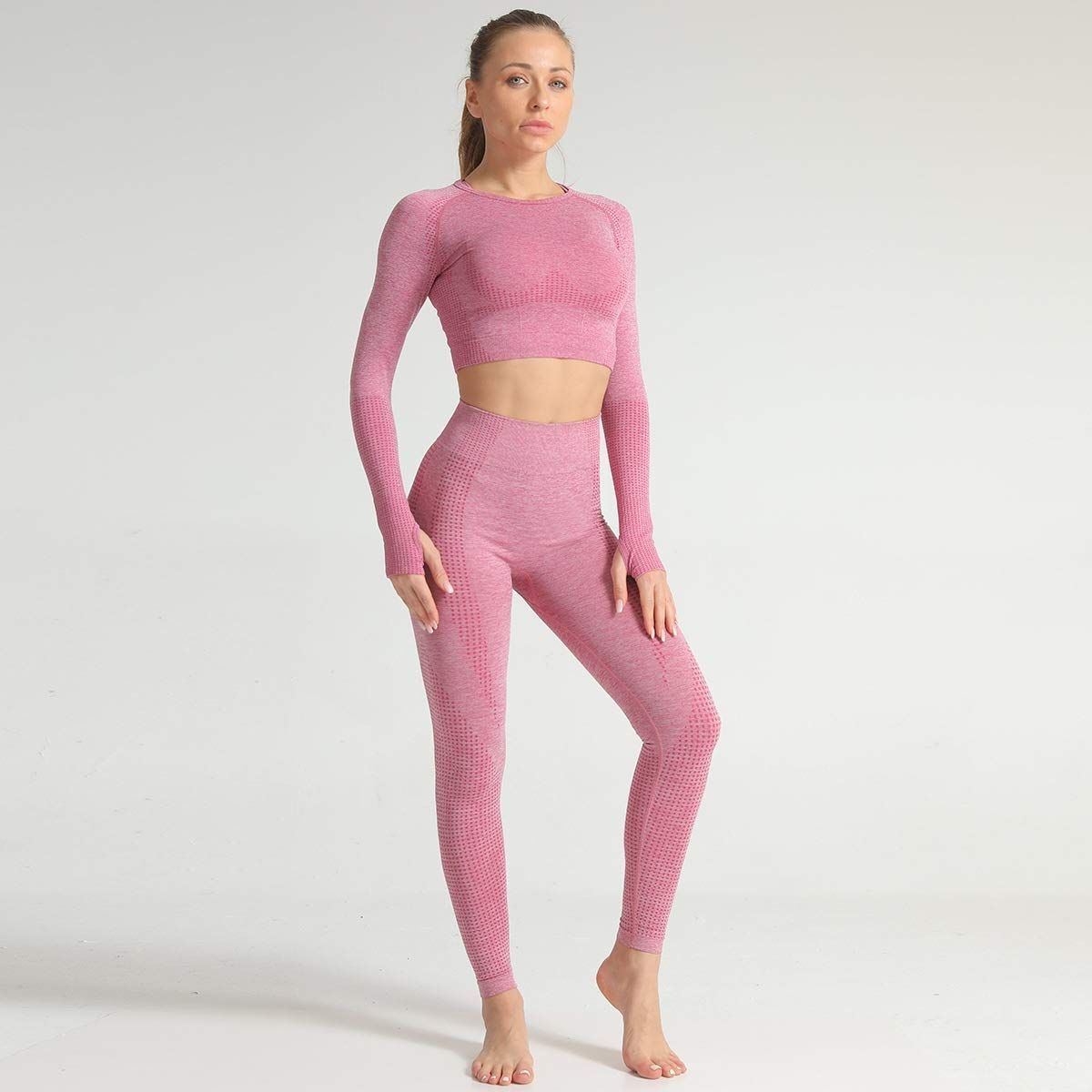 Women Seamless Yoga Set Fitness Sports Suits Gym Long Sleeve Crop Top Leggings Workout Pants (Color : D, Size : S)