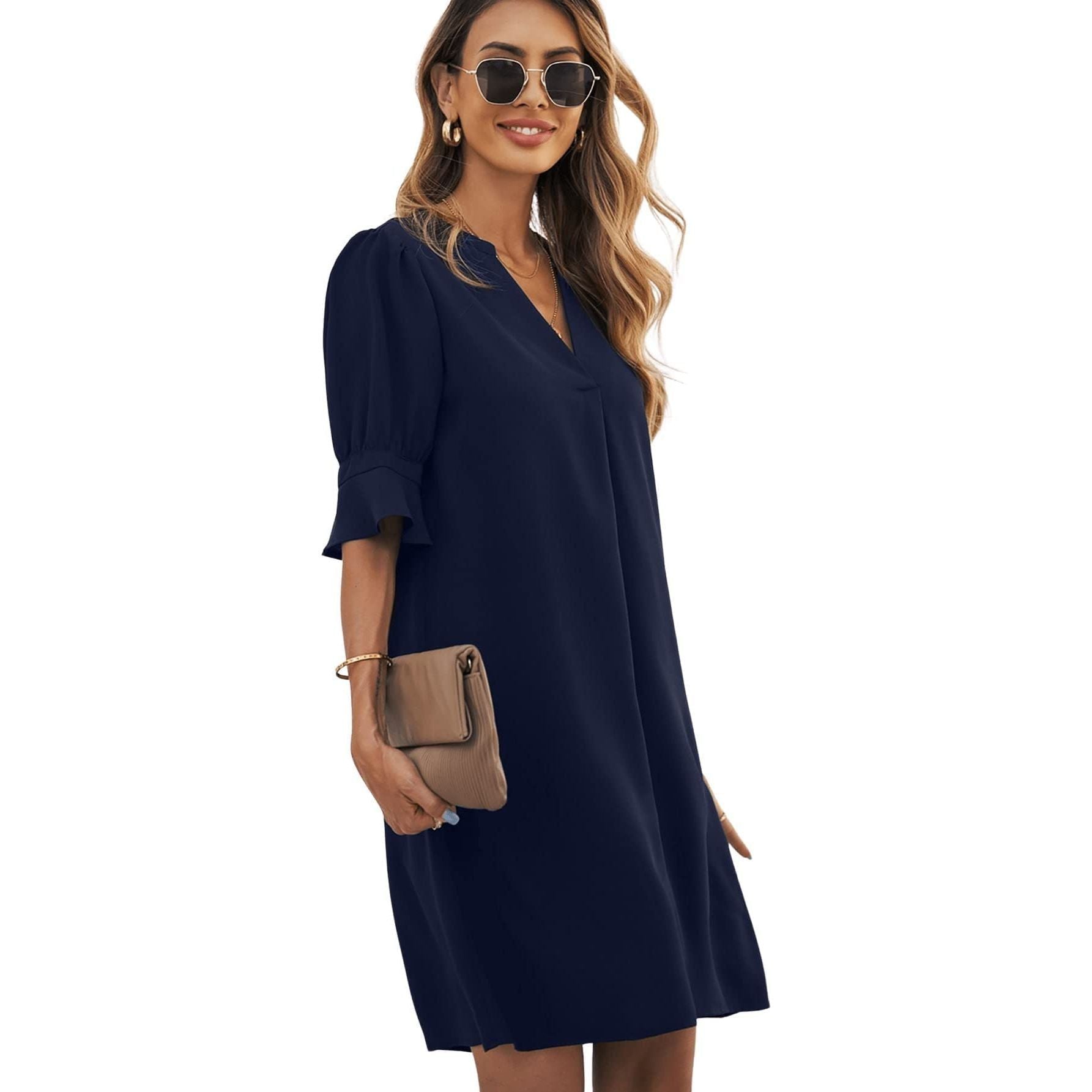 Famulily Women's V Neck Half Sleeve Shirt Dress Elegant Summer Casual Solid Color Short Dress S-XXL