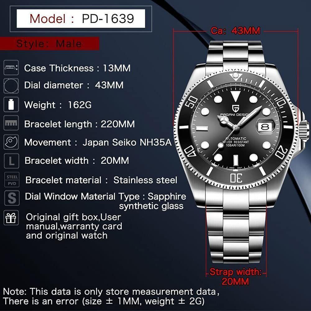 Pagani Design Men’s Automatic Mechanical Wrist Watches Japanese NH35A Self Winding Movement Stainless Steel Bracelet Ceramic Bezel 100M Waterproof Watch