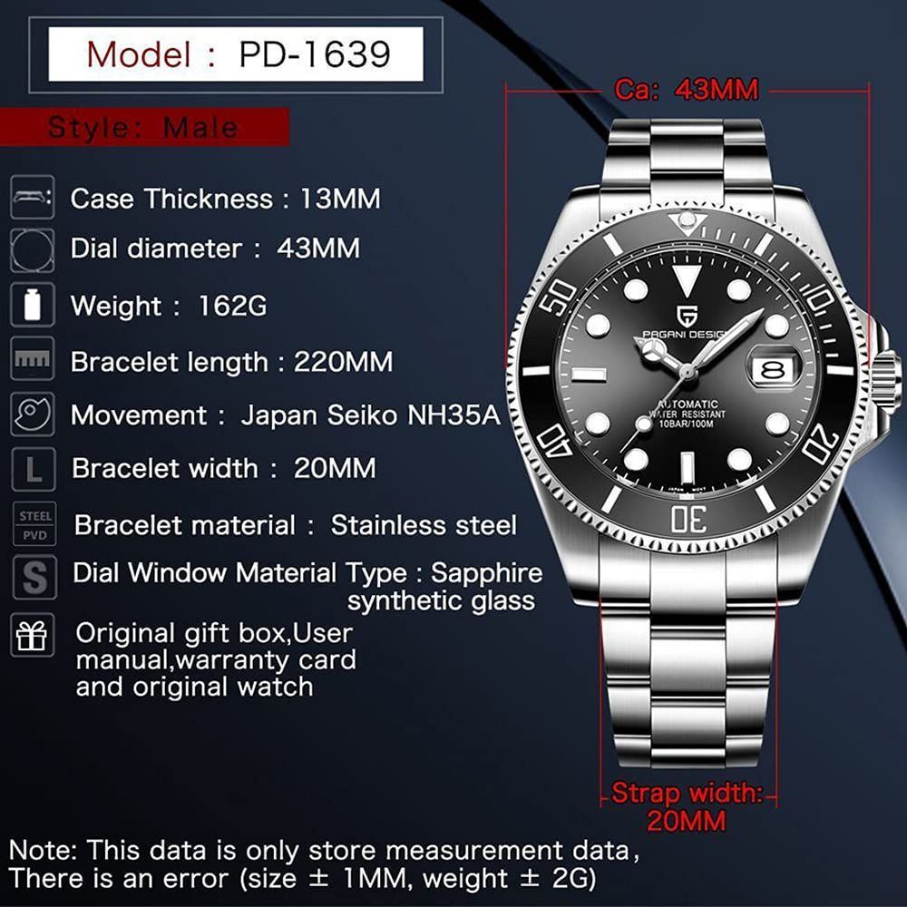 Pagani Design Men’s Automatic Mechanical Wrist Watches Japanese NH35A Self Winding Movement Stainless Steel Bracelet Ceramic Bezel 100M Waterproof Watch