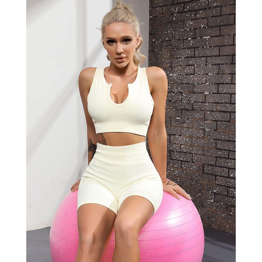 FAFOFA Seamless Workout Sets for Women Ribbed Sport Bra High Waist Running Shorts Gym 2 Piece Yoga Sets