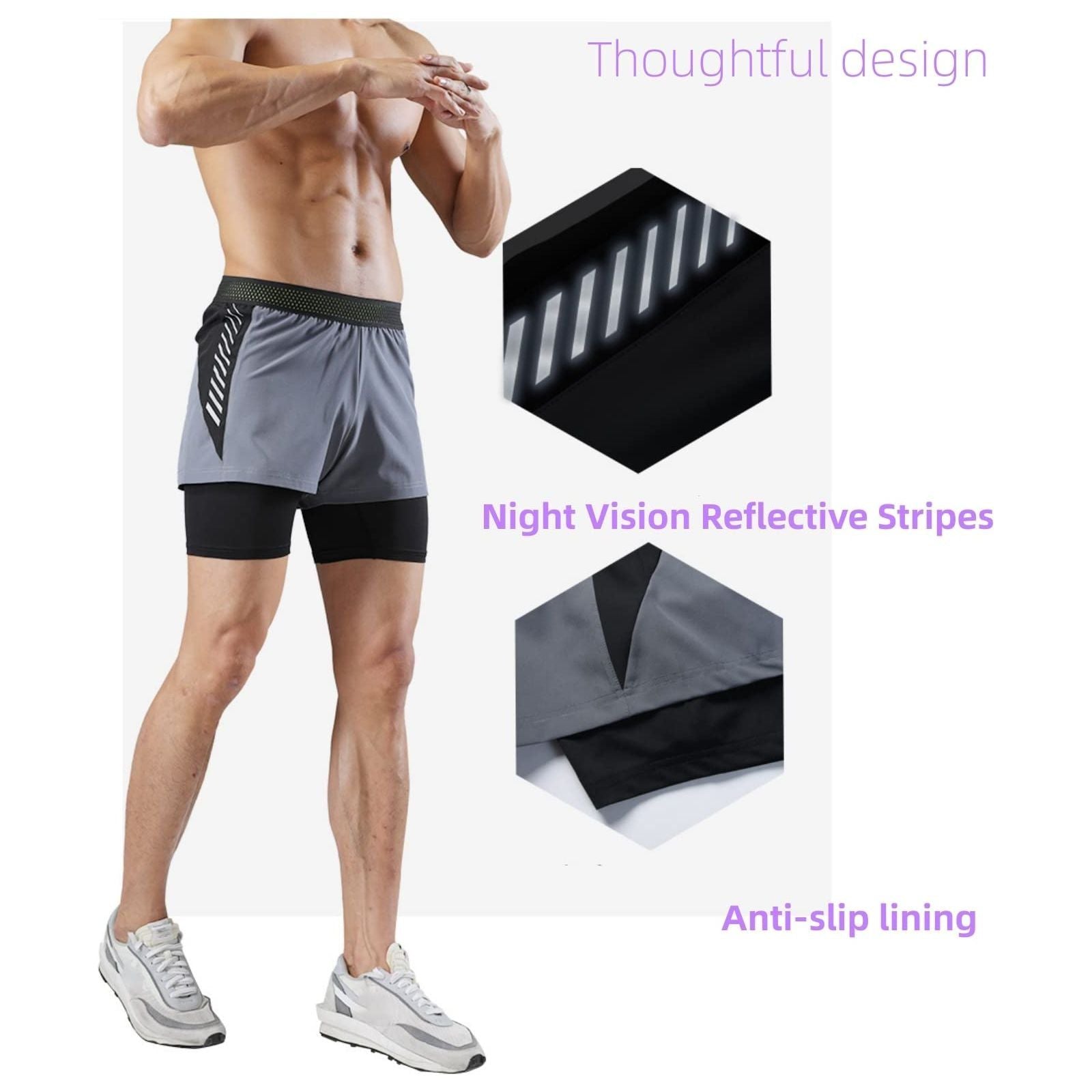 HONPOLO Men Activewear Shorts Outdoor Sports Shorts Quick-Drying Sports Fake 2-Piece Lined Swimming Trunks Sweat-Absorbing Soft Breathable Phone Pocket Night Vision Reflective