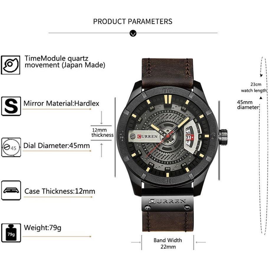 Quartz Watch For Men, Waterproof Analog Watches, Business Leather Strap Men's Wristwatch with Date 8301(Black-Coffee)