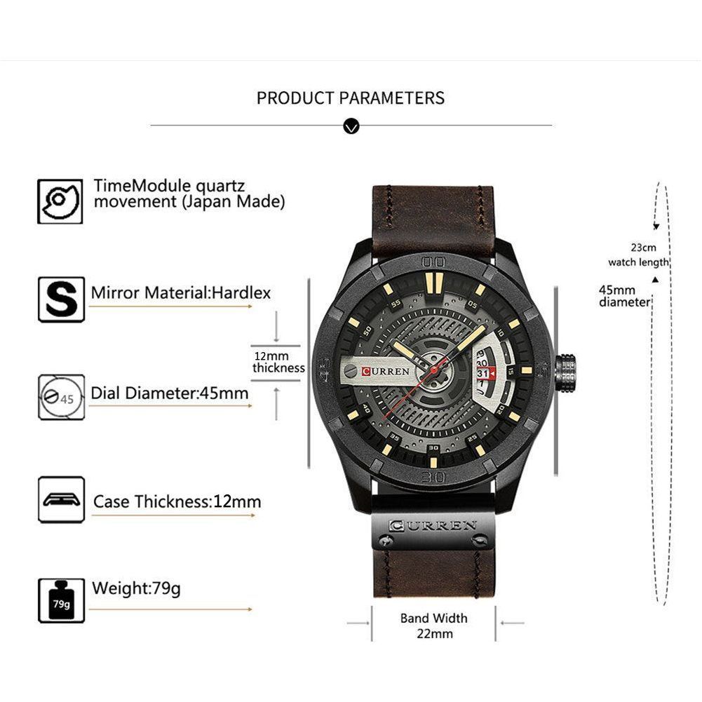 Quartz Watch For Men, Waterproof Analog Watches, Business Leather Strap Men's Wristwatch with Date 8301(Black-Coffee)
