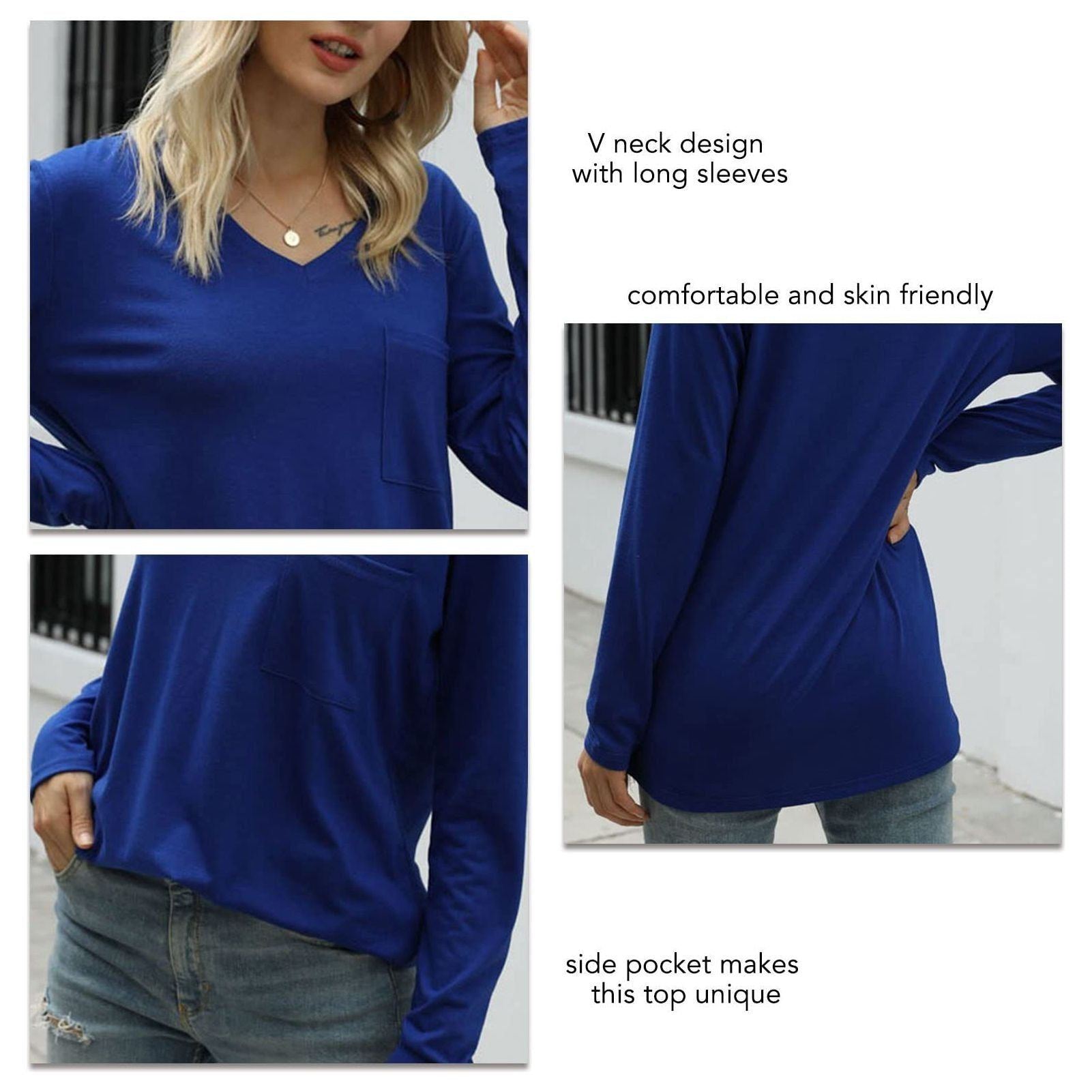 FOKFO Women Long Sleeve T Shirt V Neck Loose Blouse Casual Tunic Top Ladies Spring Fall Plain Basic Tee Shirt with Pocket