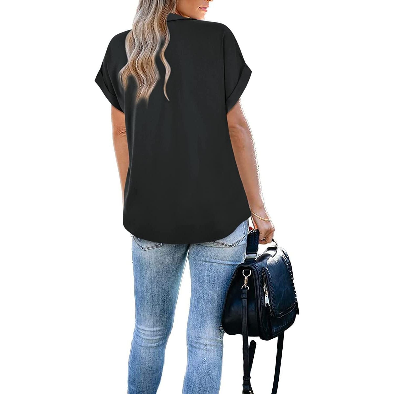 Womens Summer Casual Short Sleeve V-Neck Collared Shirts Henley Tee Business Work Office Blouses