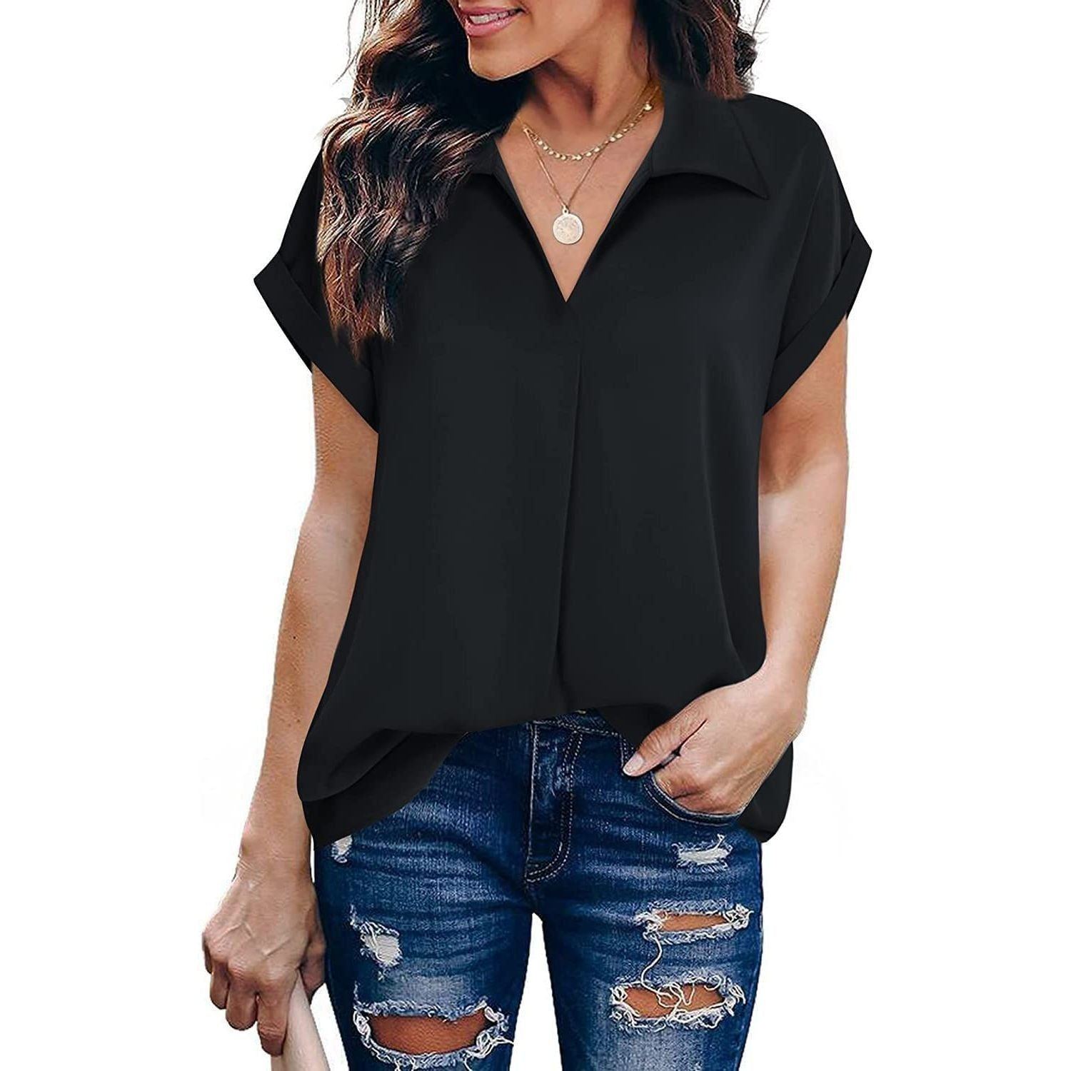 Womens Summer Casual Short Sleeve V-Neck Collared Shirts Henley Tee Business Work Office Blouses