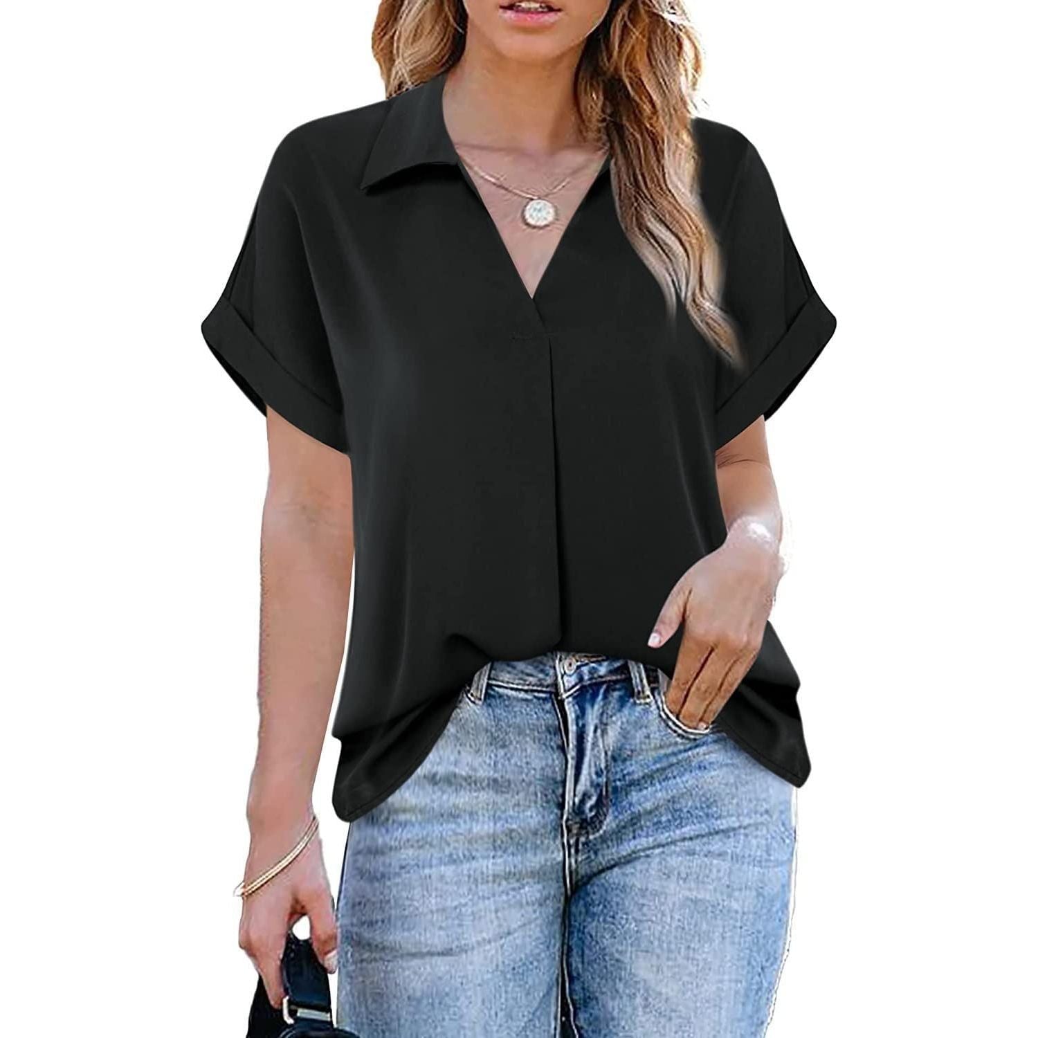 Womens Summer Casual Short Sleeve V-Neck Collared Shirts Henley Tee Business Work Office Blouses
