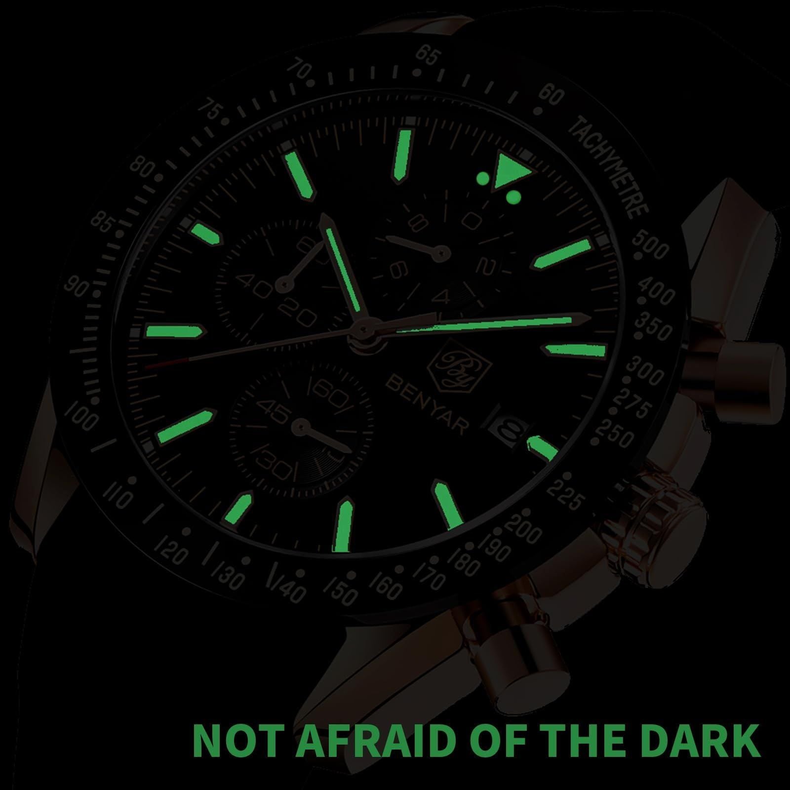 BY BENYAR Watches for Men Silicone/Stainless Steel/Brown Leather Strap 30M Waterproof Quartz Chronograph Men Watches Business Casual Wrist Watch Gifts for Men