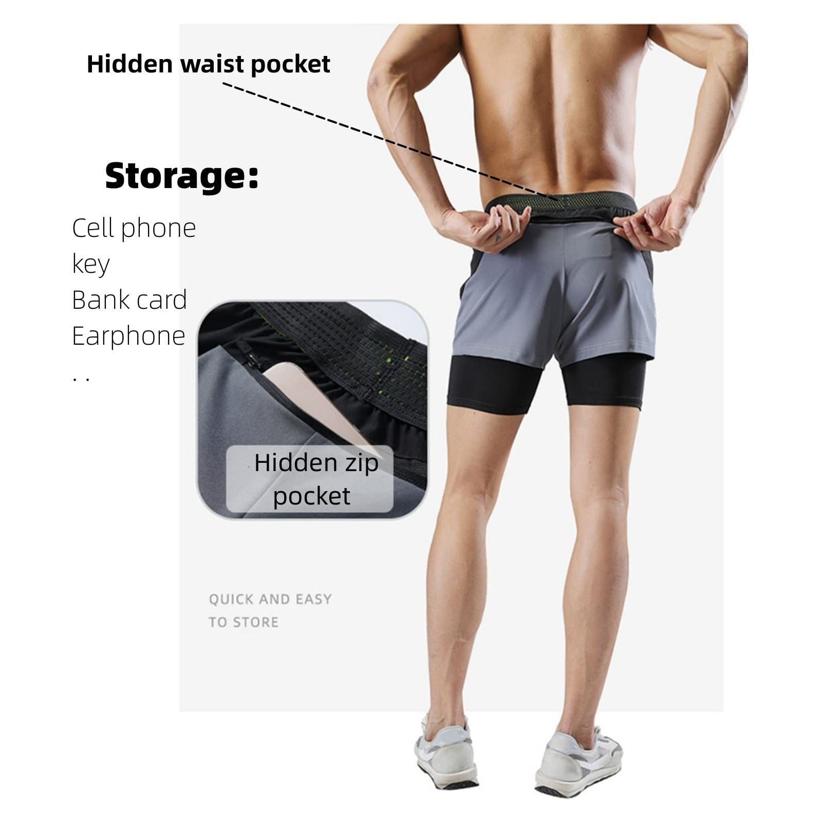 HONPOLO Men Activewear Shorts Outdoor Sports Shorts Quick-Drying Sports Fake 2-Piece Lined Swimming Trunks Sweat-Absorbing Soft Breathable Phone Pocket Night Vision Reflective