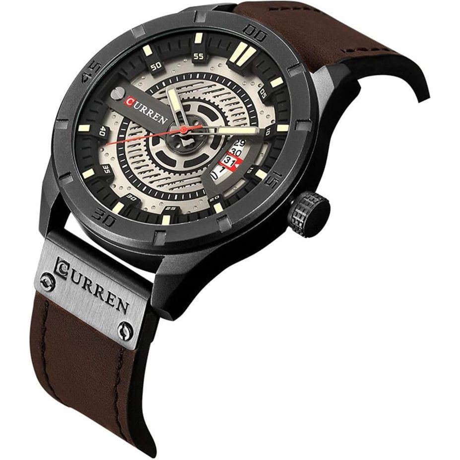 Quartz Watch For Men, Waterproof Analog Watches, Business Leather Strap Men's Wristwatch with Date 8301(Black-Coffee)