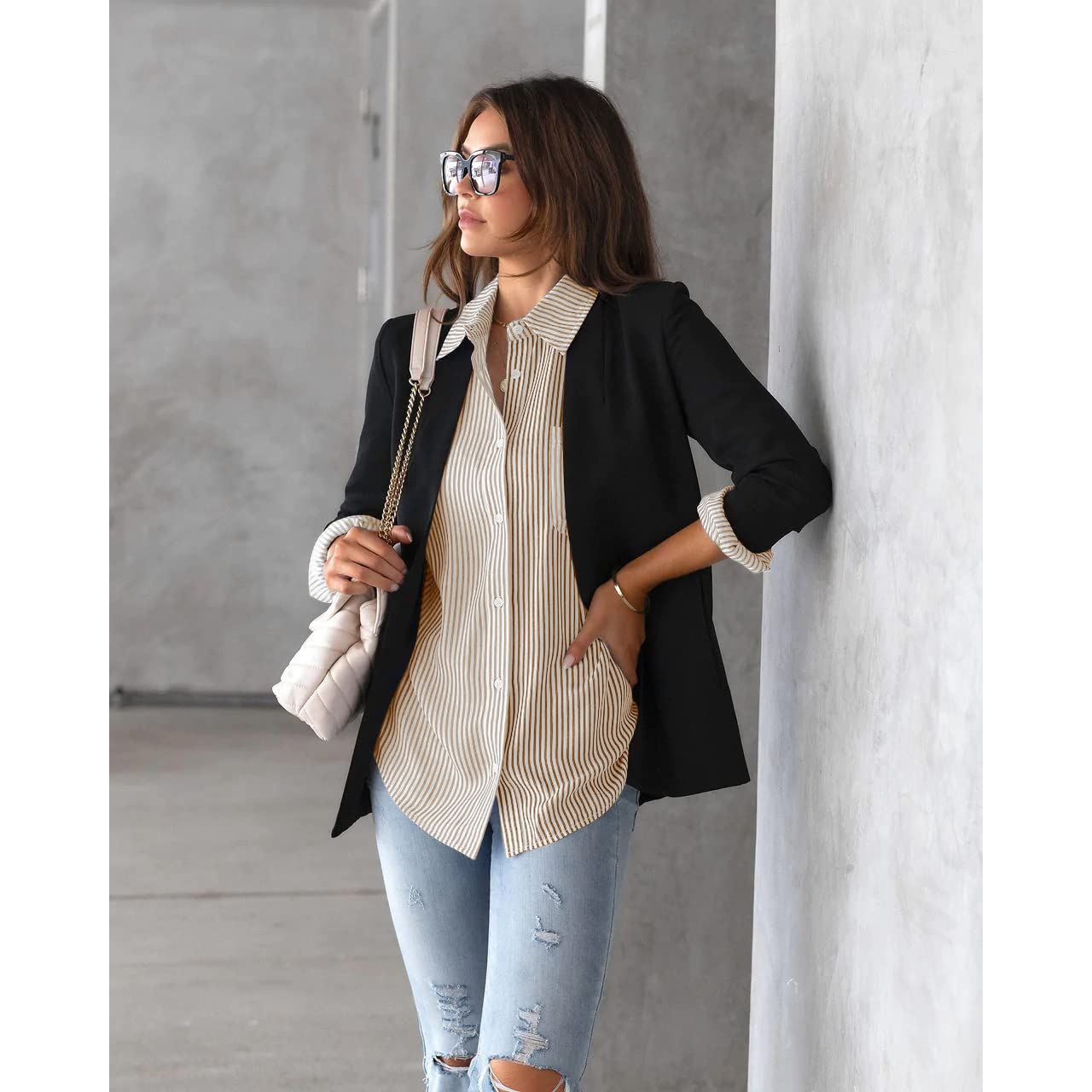 hathne Women's Button Down Shirts Long Sleeve Classic Striped Blouses Casual Tops Office Work Blouses