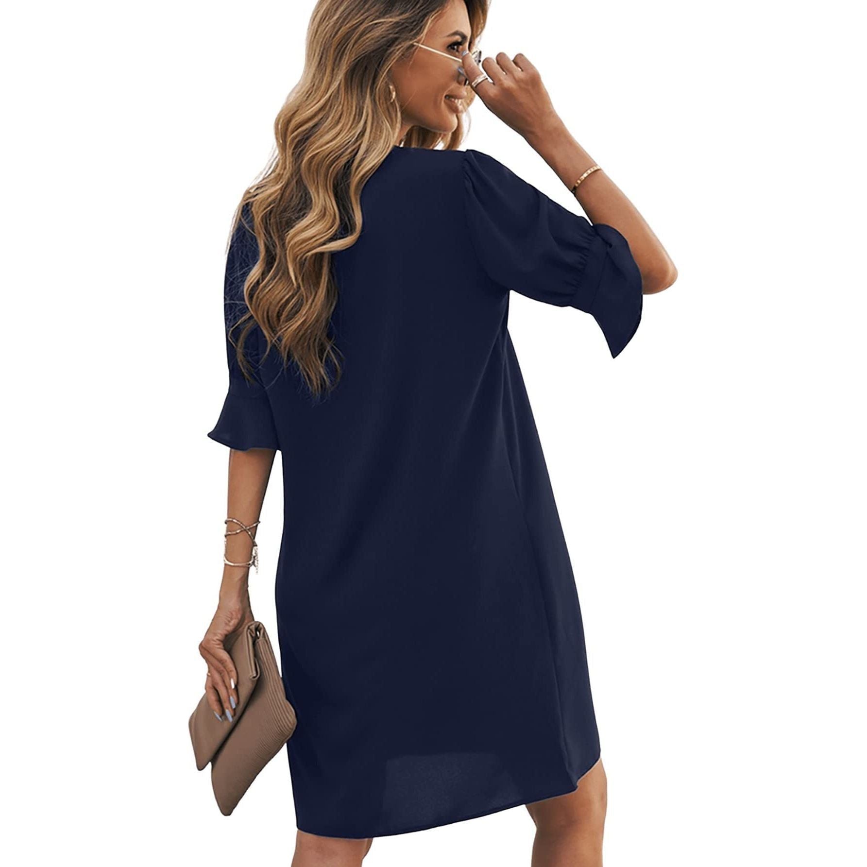 Famulily Women's V Neck Half Sleeve Shirt Dress Elegant Summer Casual Solid Color Short Dress S-XXL