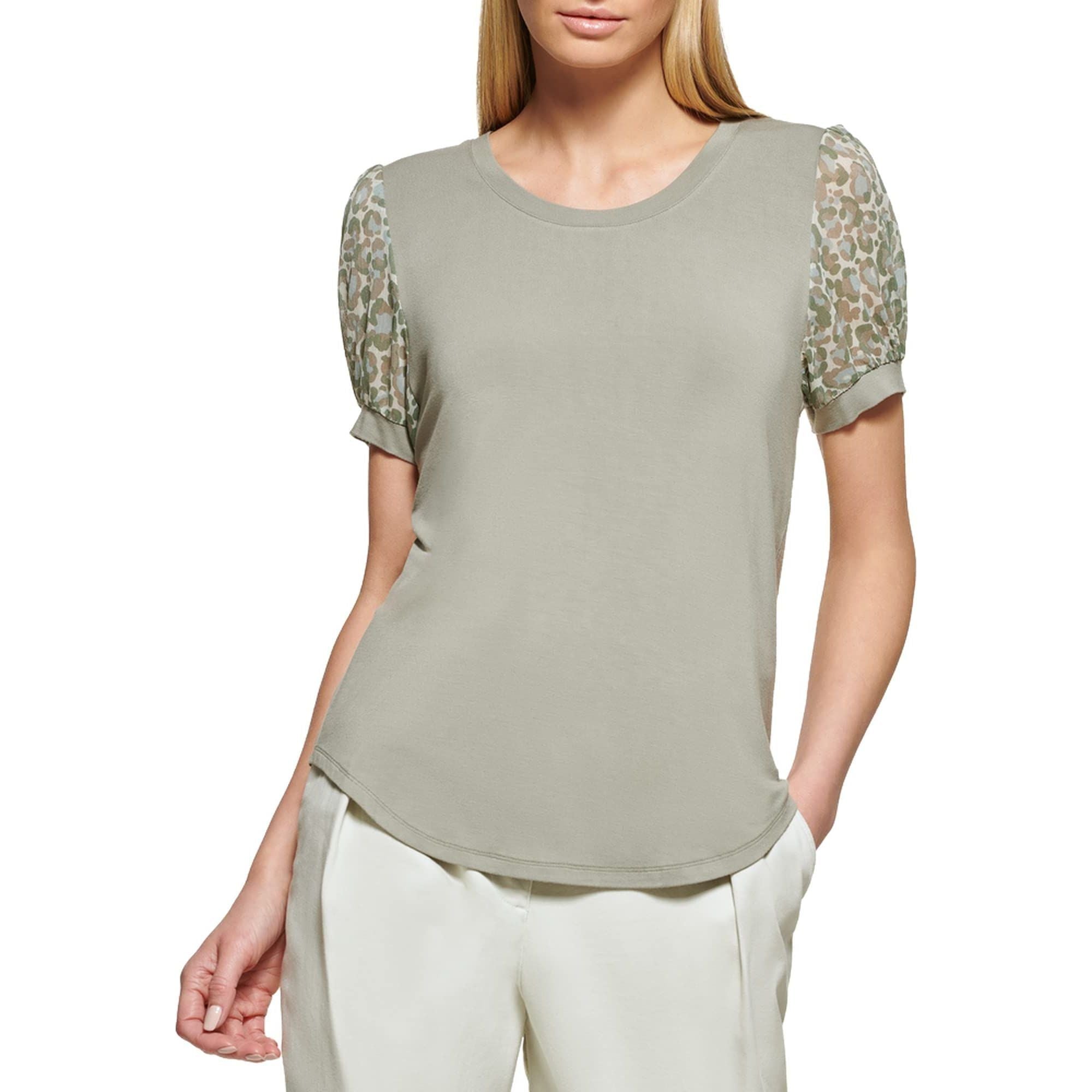 DKNY Women's Printed Puff Sleeve Mult-Media Sportswear Top