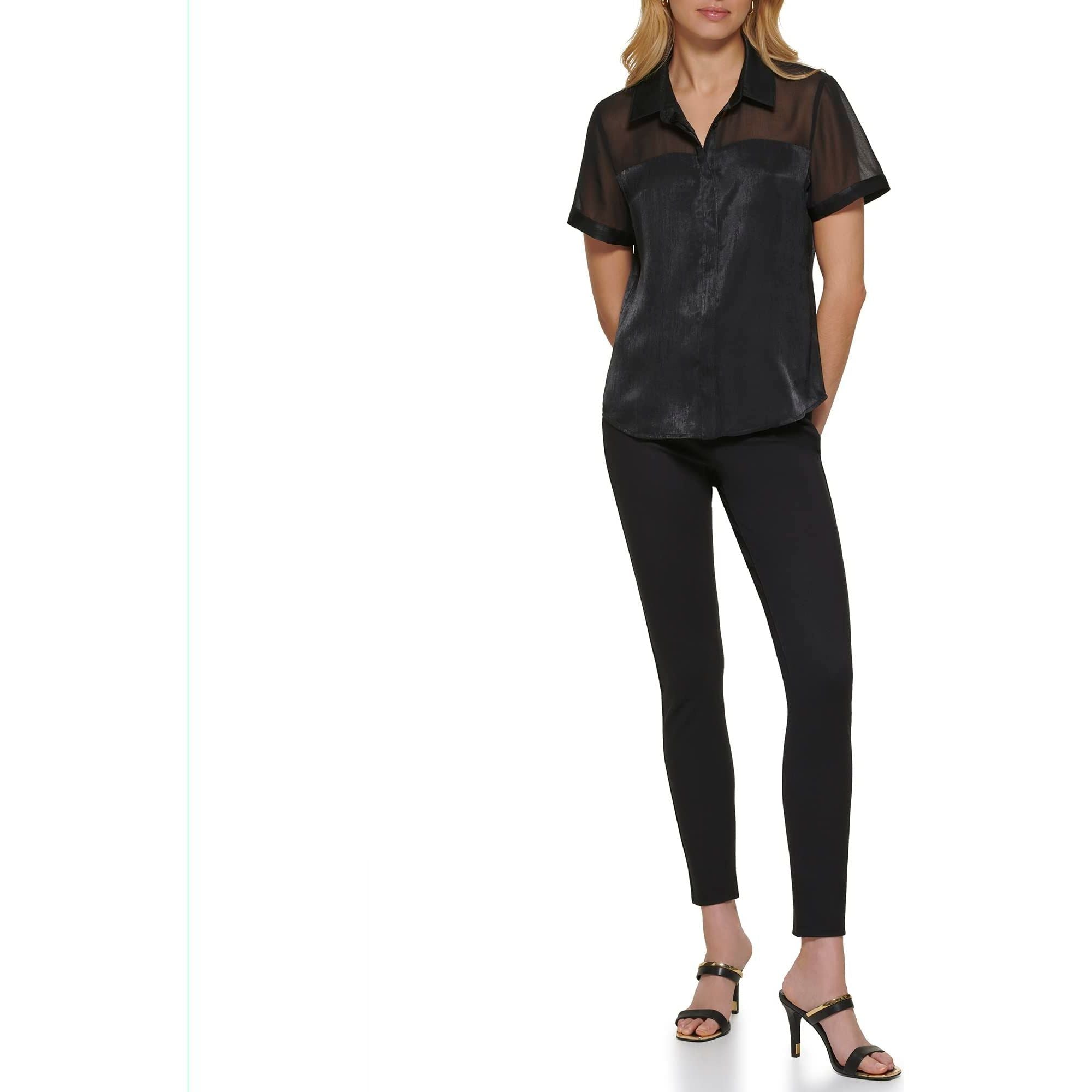 DKNY Women's Satin Easy Sheer Sleeve Top