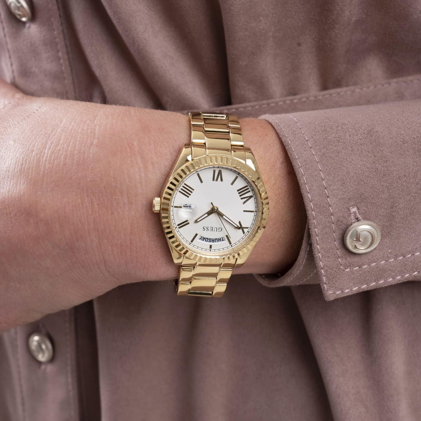 GUESS 36mm Stainless Steel Day-Date Watch with Coin Edge Bezel