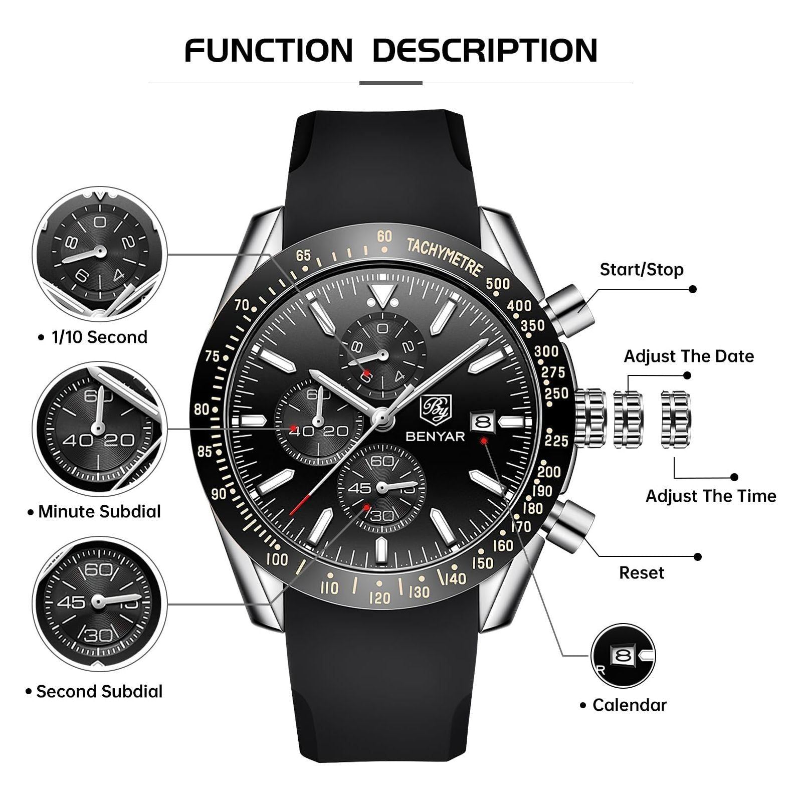 BY BENYAR Watches for Men Silicone/Stainless Steel/Brown Leather Strap 30M Waterproof Quartz Chronograph Men Watches Business Casual Wrist Watch Gifts for Men