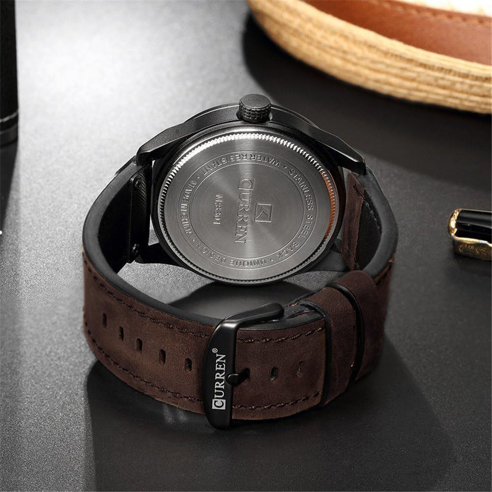 Quartz Watch For Men, Waterproof Analog Watches, Business Leather Strap Men's Wristwatch with Date 8301(Black-Coffee)