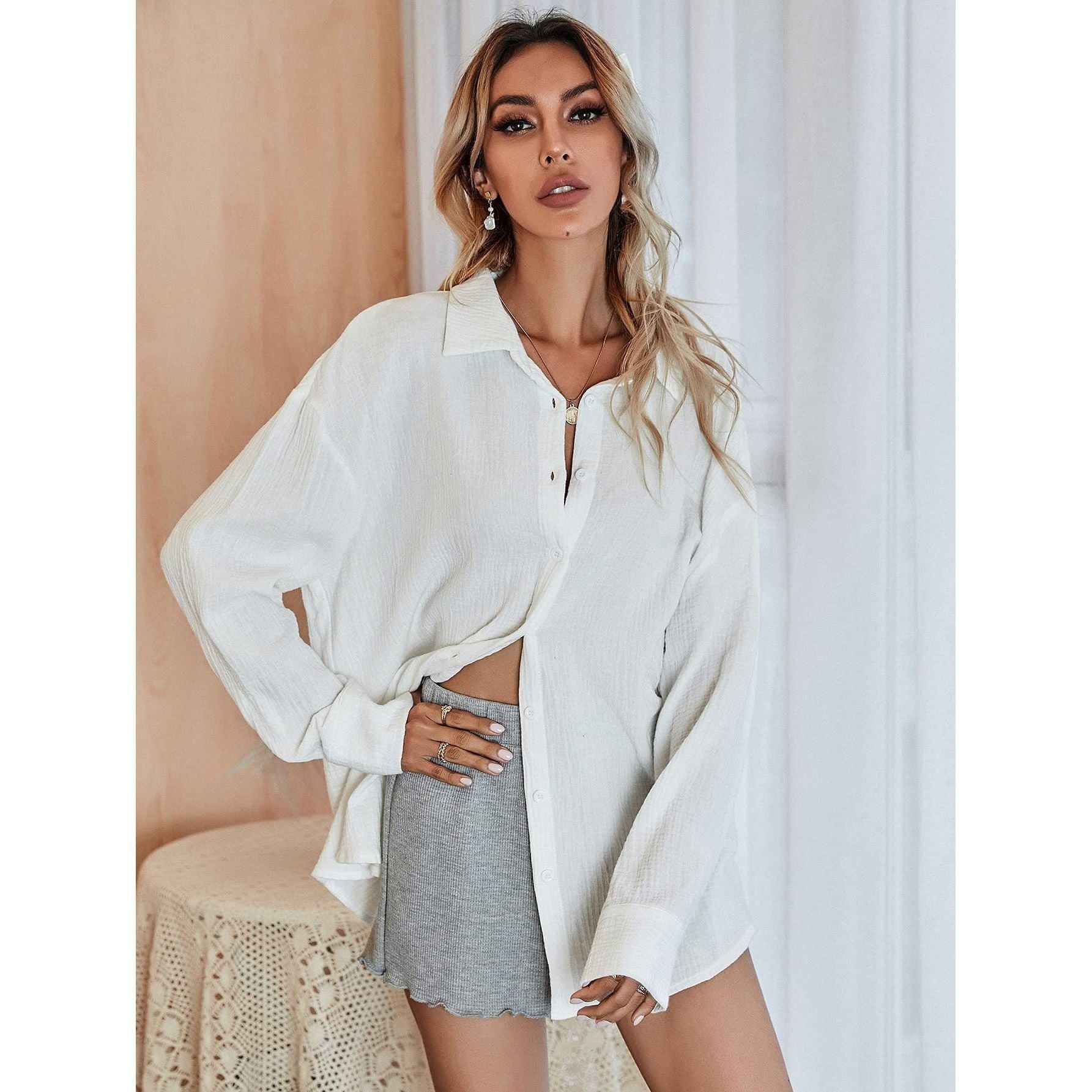 MakeMeChic Women's Long Sleeve Button Up Loose Boyfriend Blouse Shirt Casual Work Plain Tops