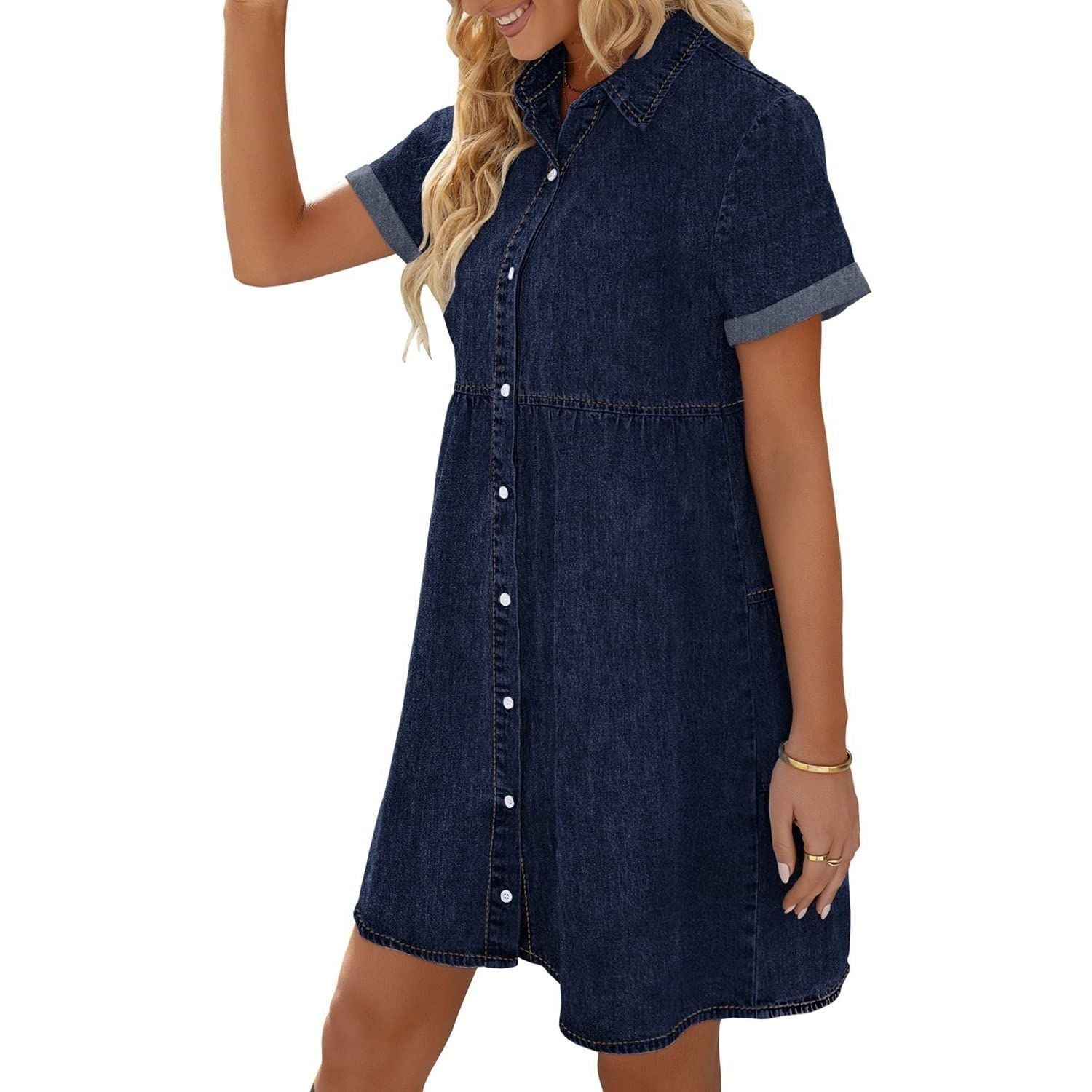 LookbookStore Women's Short Sleeve Button Down Flowy Tiered Babydoll Denim Dress