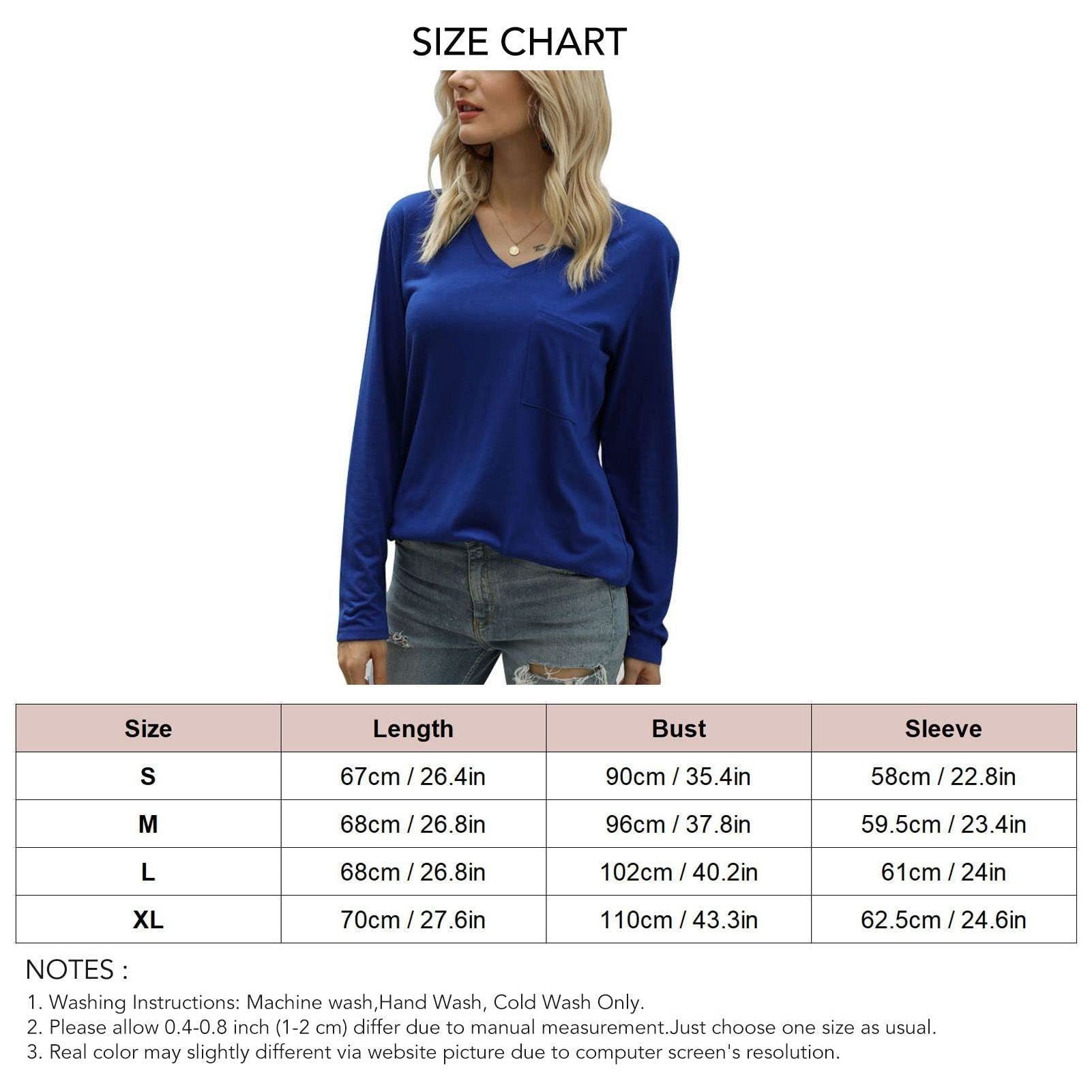 FOKFO Women Long Sleeve T Shirt V Neck Loose Blouse Casual Tunic Top Ladies Spring Fall Plain Basic Tee Shirt with Pocket