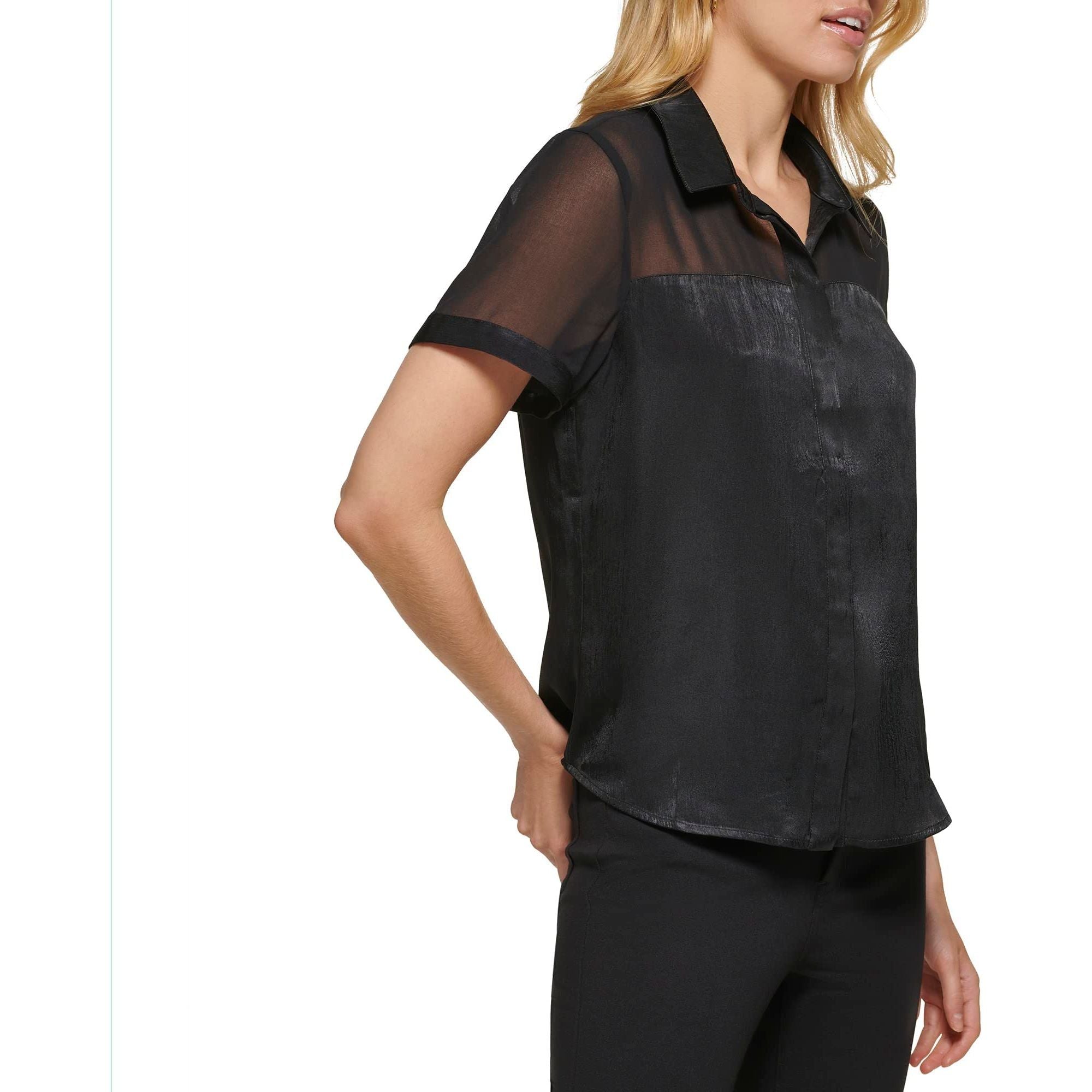 DKNY Women's Satin Easy Sheer Sleeve Top