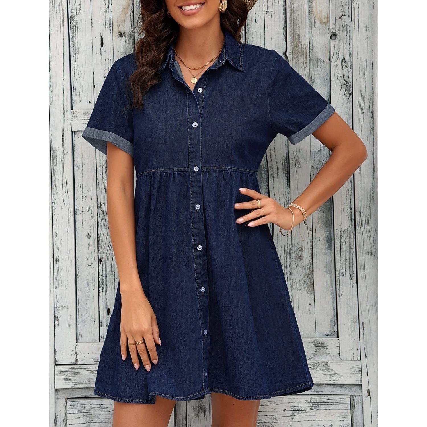LookbookStore Women's Short Sleeve Button Down Flowy Tiered Babydoll Denim Dress