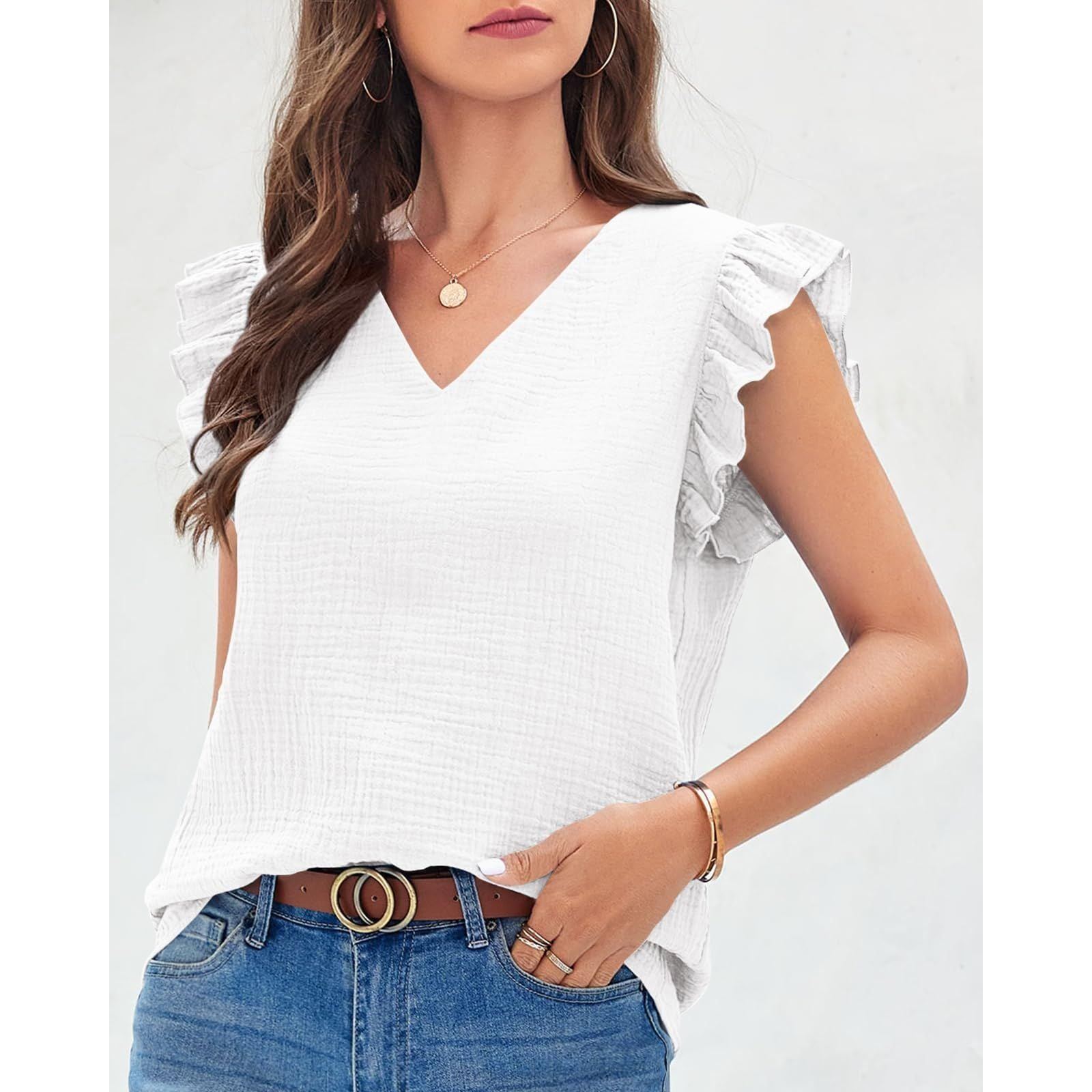 Sherrylily Womens Tops Summer Sleeveless V Neck Ruffle Flowy Shirts Casual Basic Vintage Elegant Blouse Tunic