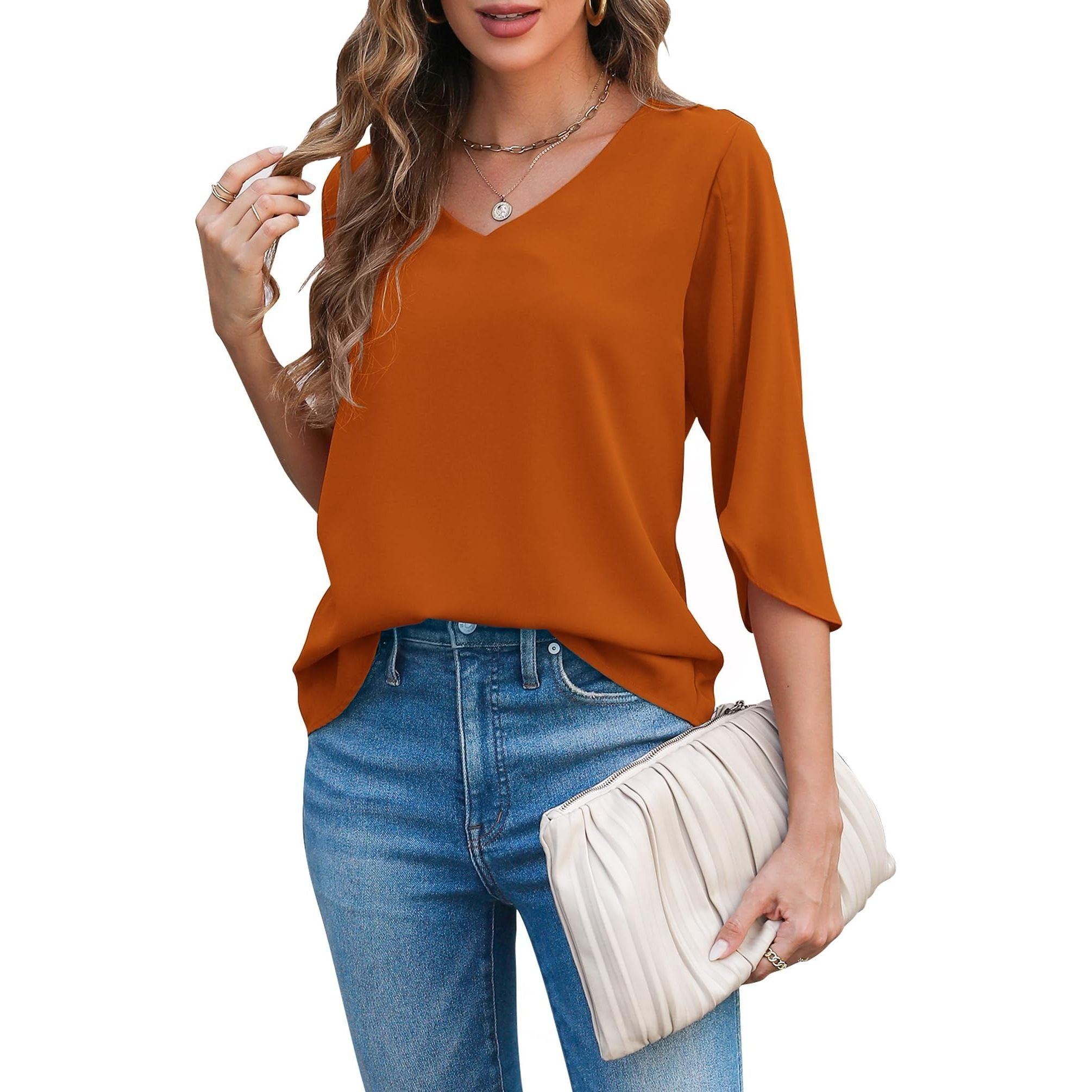 Halife Womens Blouses Dressy Casual 3/4 Sleeve V Neck Loose Tunic Shirts Tops