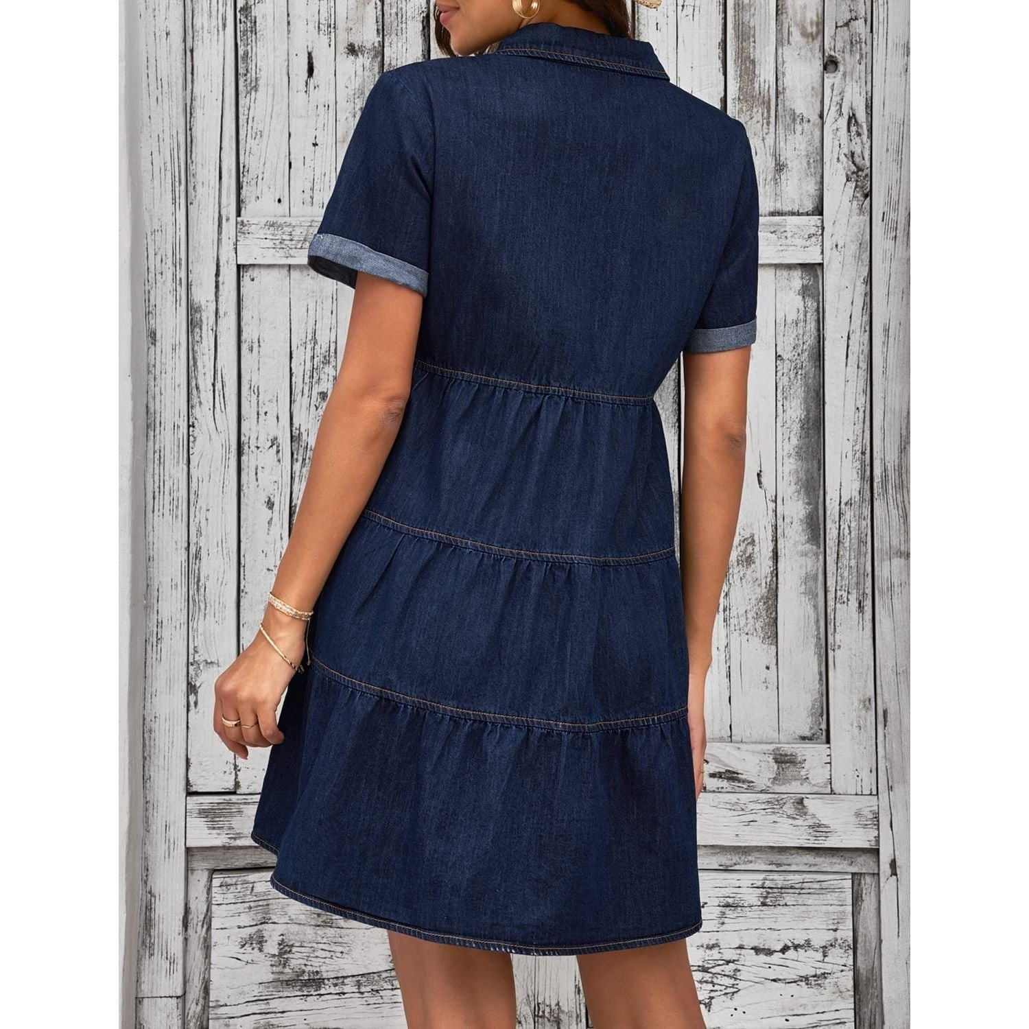 LookbookStore Women's Short Sleeve Button Down Flowy Tiered Babydoll Denim Dress