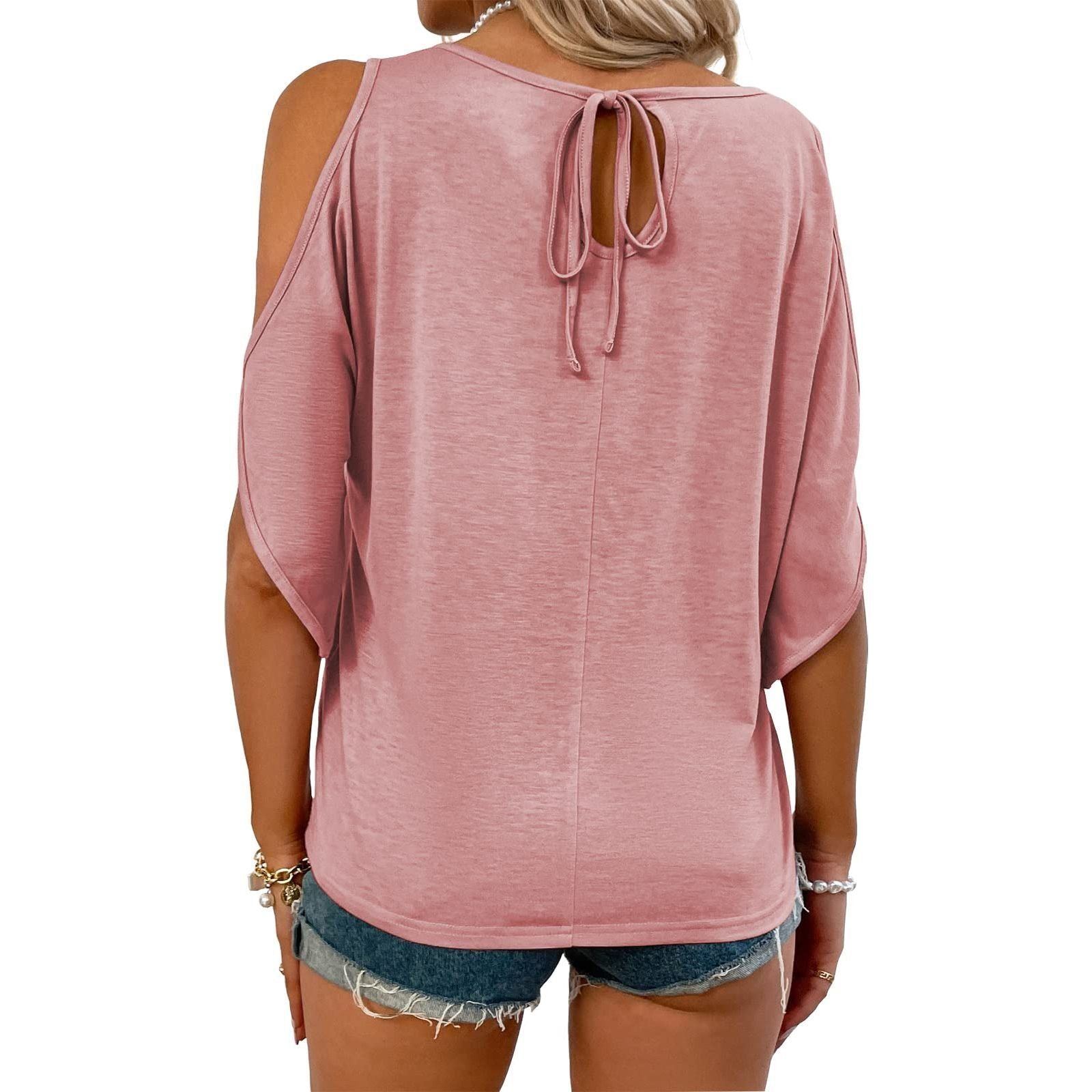 Aoysky Women Cold Shoulder Tops Summer Short Sleeve Shirt Scoop Neck Tee Casual Loose Fitting Solid Color Tunic Top