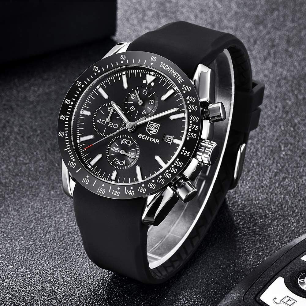 BY BENYAR Watches for Men Silicone/Stainless Steel/Brown Leather Strap 30M Waterproof Quartz Chronograph Men Watches Business Casual Wrist Watch Gifts for Men