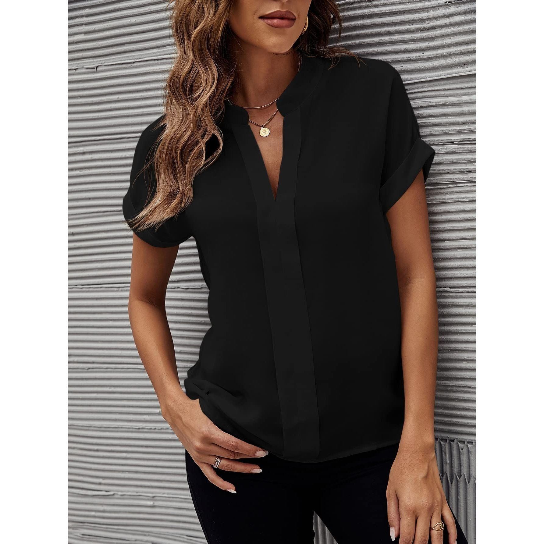 SHEIN Women's Notched V Neck T Shirts Roll Up Short Sleeve Summer Office Blouses Tops